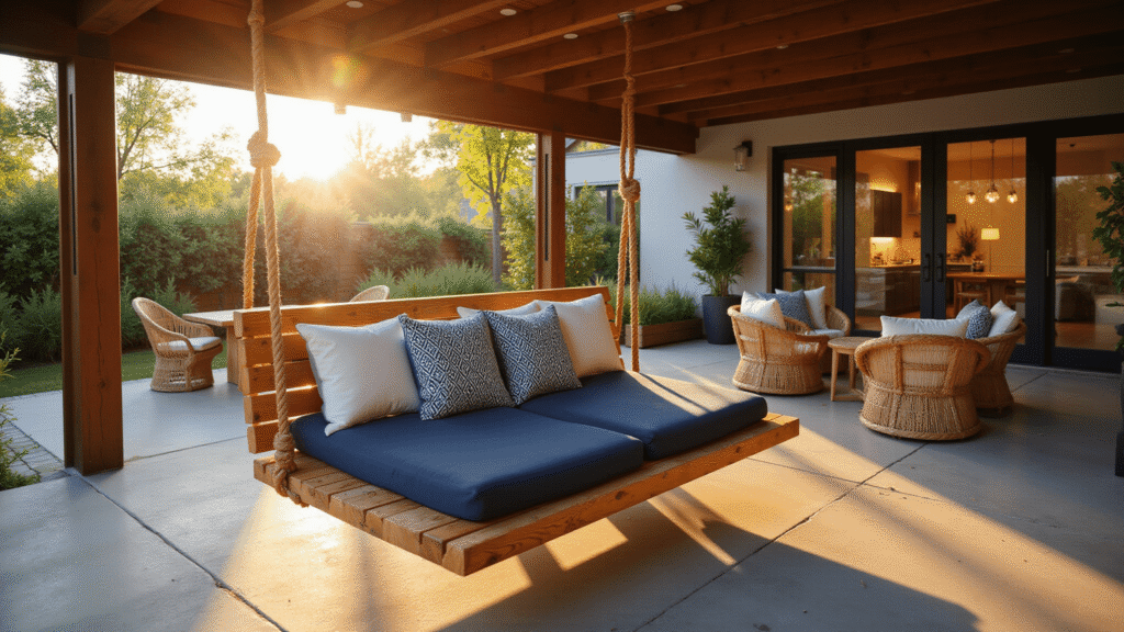 Outdoor Hanging Bed Swings: Everything You Need to Know Before You Buy One A luxurious cedar hanging bed swing on a modern covered patio during golden hour, featuring plush navy cushions, dappled sunlight, and a warm color palette of wood tones and golden hues.