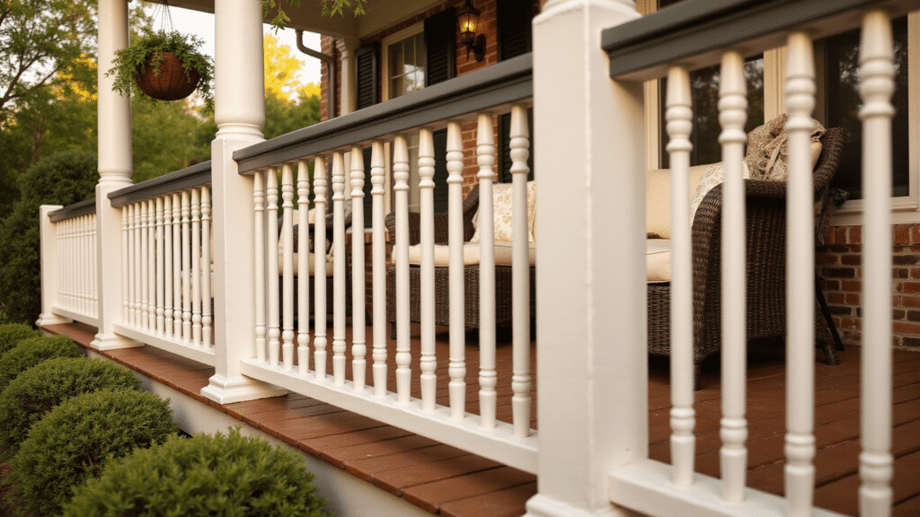 Simple Porch Railing Ideas That'll Transform Your Front Porch Without Breaking the Bank Cinematic front porch featuring classic white balusters and charcoal gray rails, illuminated by warm golden hour light, with rich mahogany decking, wicker furniture, hanging ferns, and weathered brick columns, set in a peaceful residential atmosphere.