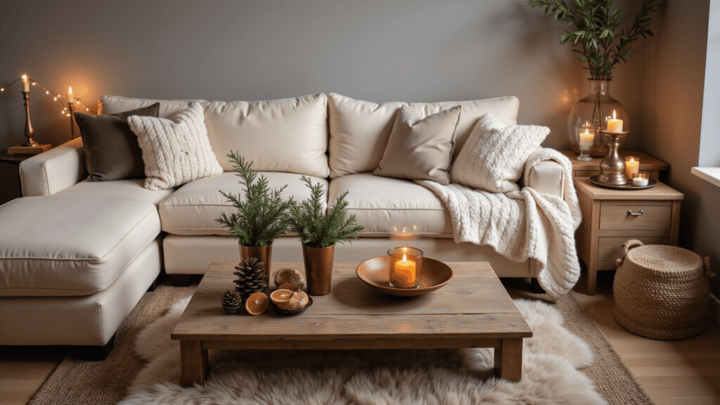 Winter Home Decor: How I Transform My Space Into a Cozy Haven When the Temperature Drops Photorealistic cozy winter living room featuring a cream sectional with chunky ivory throw blankets, mixed-texture pillows, and a reclaimed wood coffee table adorned with flickering candles and natural elements, softly illuminated by golden hour light against mushroom gray walls.