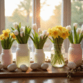 Elegant Easter dining room centerpiece on mahogany table featuring ombre mason jars with white tulips and pale yellow daffodils, surrounded by speckled eggs and cherry branches, illuminated by warm golden hour sunlight.