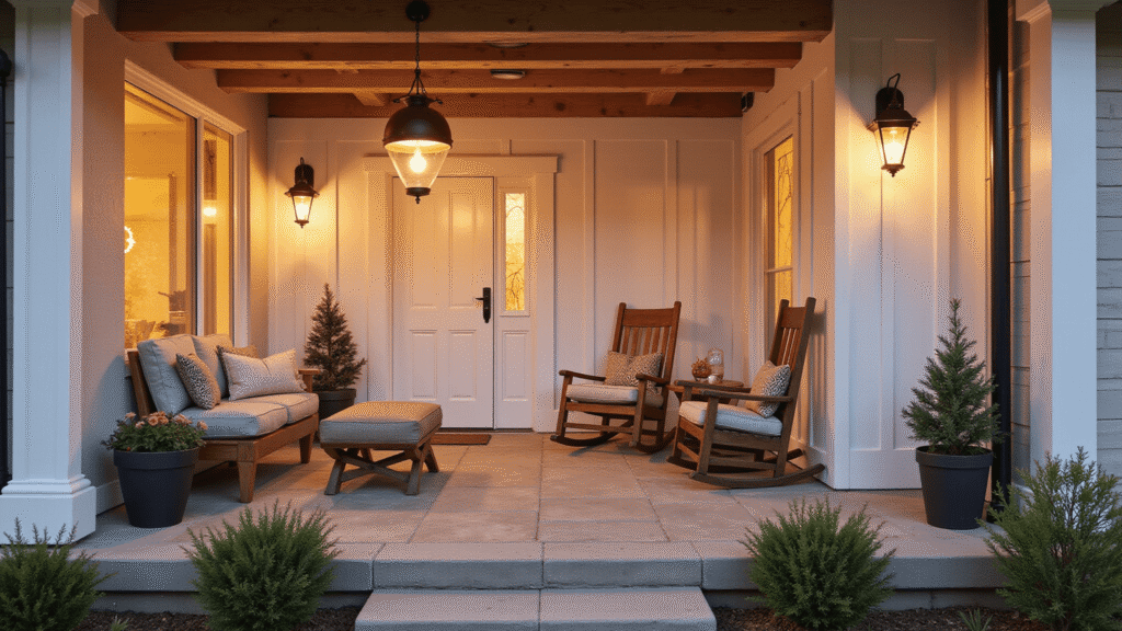 Farmhouse Front Porch Lighting: The Complete Guide to Creating That Perfect Welcome-Home Glow Cinematic farmhouse porch at golden hour with matte black sconces, warm amber lighting, weathered wood ceiling, vintage pendant light, traditional lantern post lights, and cozy seating, showcasing a rustic yet refined aesthetic.