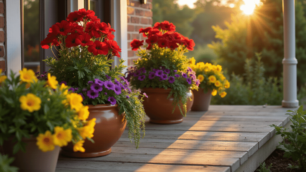Front Porch Container Gardens That'll Make Your Neighbors Stop and Stare A golden hour front porch scene featuring vibrant ceramic planters with red geraniums, purple petunias, and yellow million bells, illuminated by warm sunlight and set against weathered wood boards, with lush foliage and soft dewdrops.