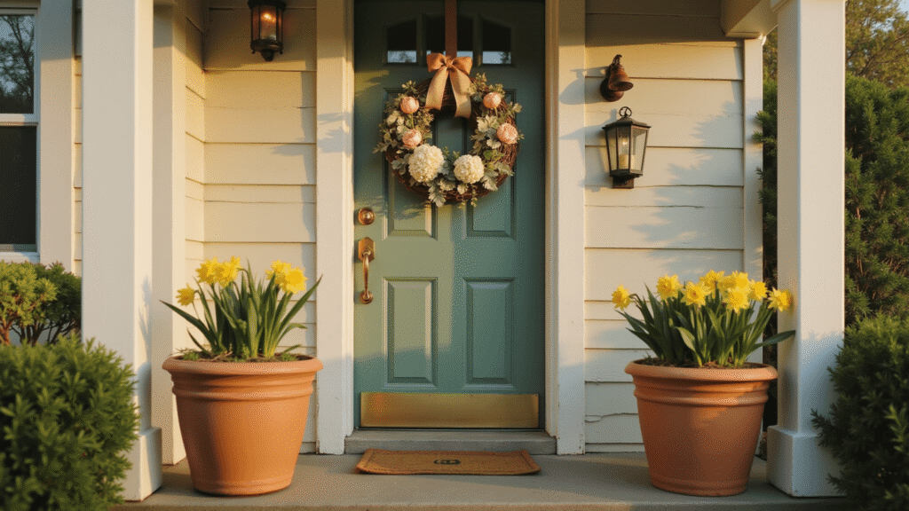 How to Make a Stunning Spring Wreath in Just 5 Minutes (Even If You're Craft-Challenged) Charming cottage front door adorned with a handcrafted spring wreath of blush pink tulips and cream hydrangeas against a sage green backdrop, illuminated by warm golden hour light, featuring terracotta planters with yellow daffodils and vintage brass door hardware.