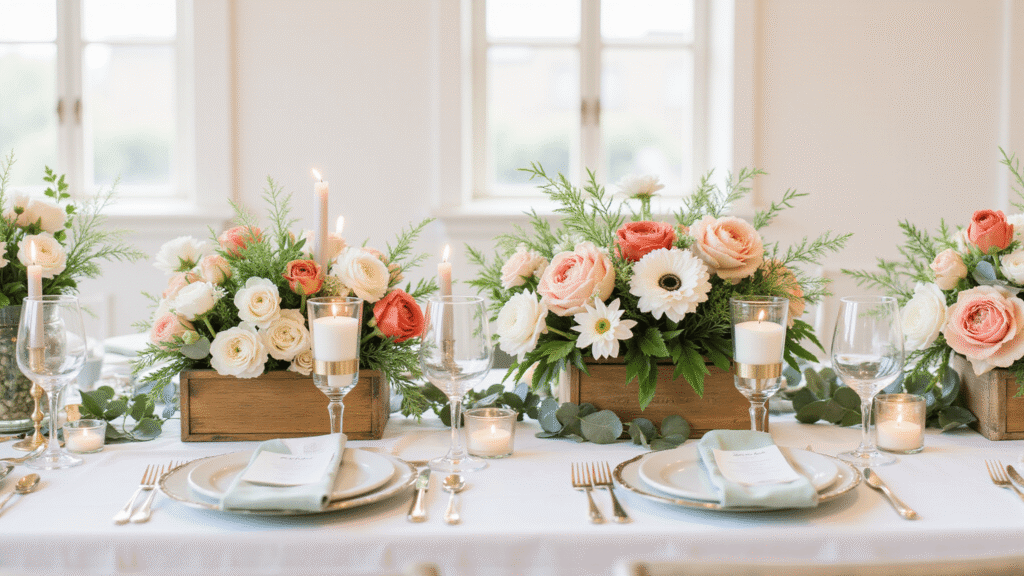 Spring Wedding Table Decor That'll Make Your Guests Actually Want to Sit Down Elegant spring wedding tablescape featuring blush peonies, white tulips, and coral ranunculus in rustic wooden boxes and glass vessels, set on a white linen table under soft golden hour lighting, with trailing silk ribbons, flickering candles, and emerald eucalyptus garlands, creating a romantic atmosphere.