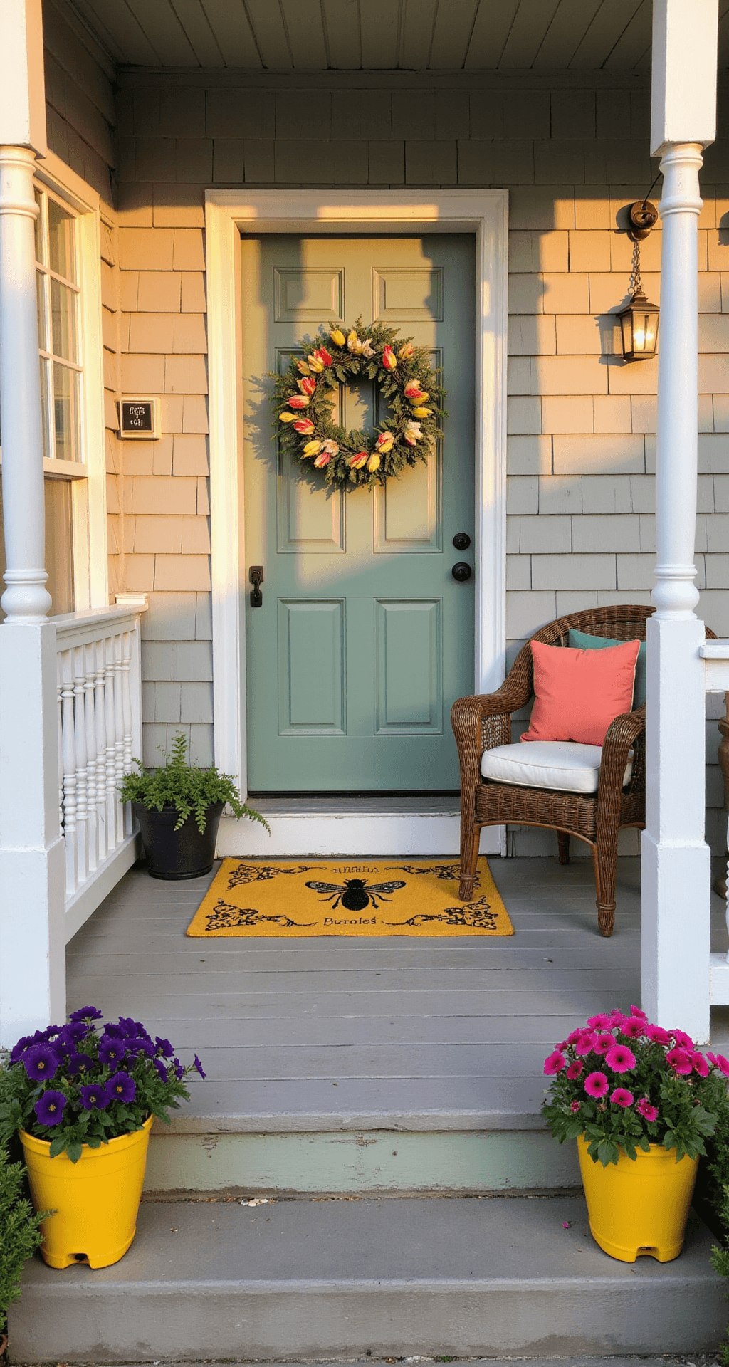 Spring Outdoor Decor: Transform Your Space Without Breaking Your Back (Or Your Budget) Photorealistic image of a charming front porch with white railings and columns, adorned with a spring tulip wreath on a sage green door, a bee-patterned welcome mat, bright yellow rubber boots filled with flowers, and vintage wicker furniture, all bathed in warm golden hour light.