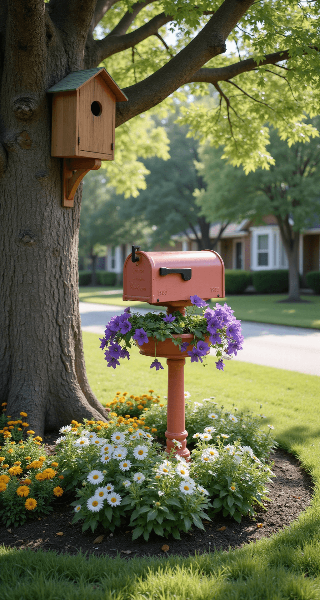 Spring Outdoor Decor: Transform Your Space Without Breaking Your Back (Or Your Budget) Photorealistic image of a sunlit front yard with a coral-painted mailbox surrounded by purple clematis vines, white daisies, and yellow marigolds, all set against a well-maintained lawn under partial cloud cover. A small birdhouse on an oak tree completes the charming suburban scene.
