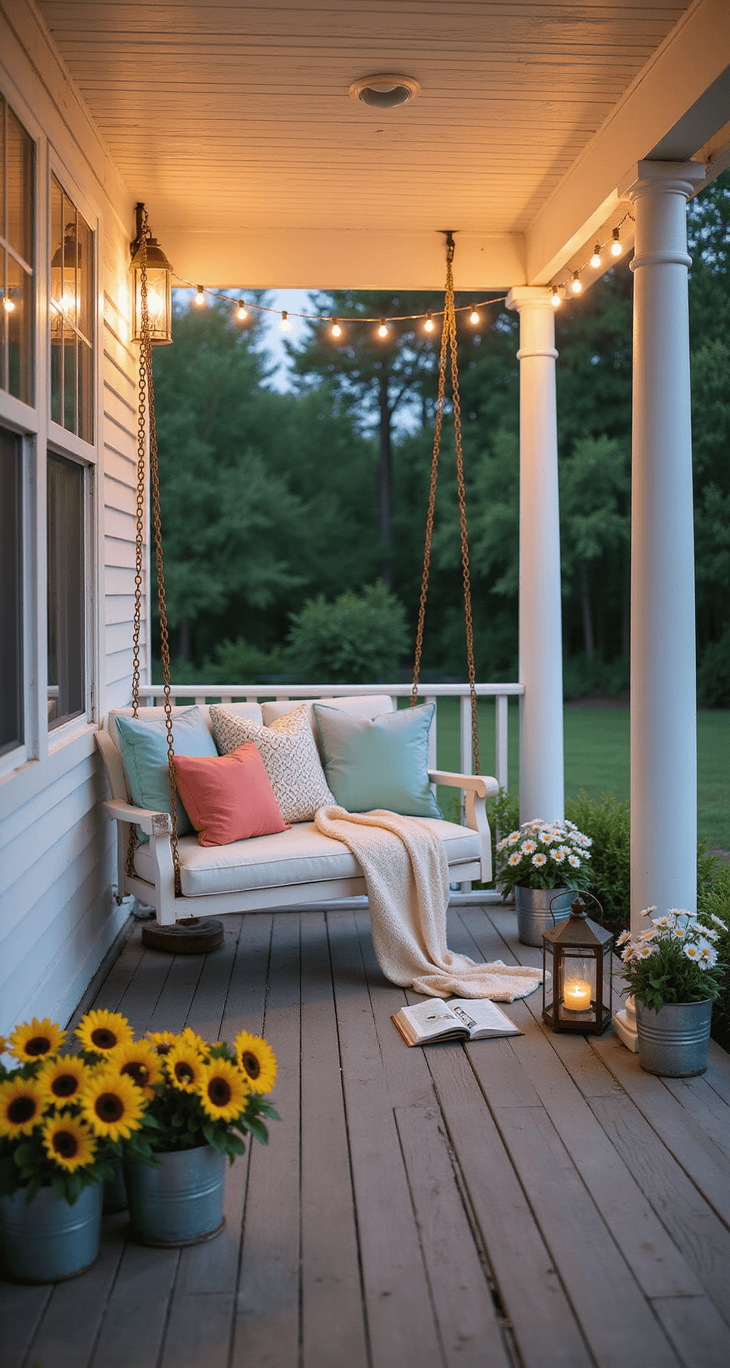 Spring Outdoor Decor: Transform Your Space Without Breaking Your Back (Or Your Budget) Photorealistic image of a welcoming front porch swing area during twilight, featuring string lights, a classic white swing with mint green and coral pillows, vintage galvanized watering cans with sunflowers and daisies, and a small side table with lanterns and a book, all evoking peaceful evening relaxation.