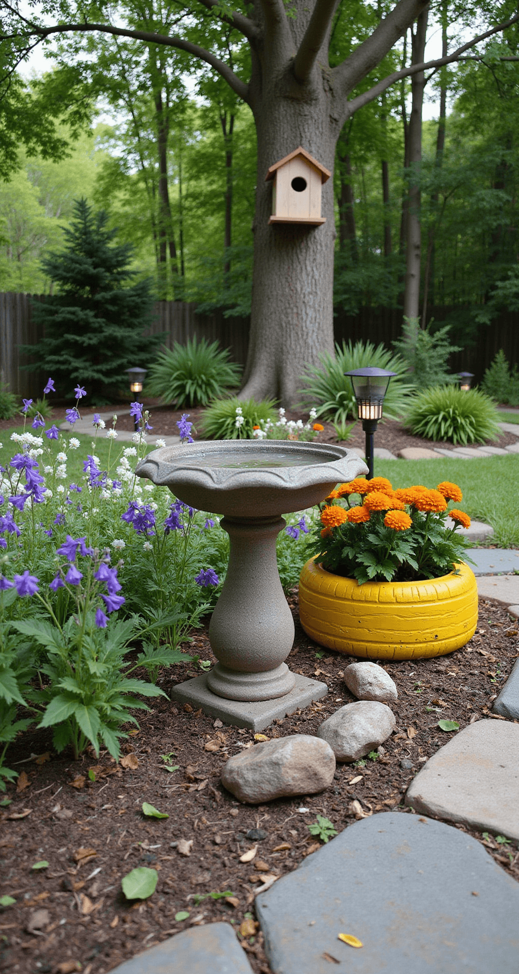 Spring Outdoor Decor: Transform Your Space Without Breaking Your Back (Or Your Budget) Photorealistic backyard garden featuring a stone birdbath surrounded by purple fuchsias, white bluebells, and trailing foliage, with a bright yellow tire planter overflowing with orange marigolds. A natural stone pathway leads through dappled sunlight, marked by solar path lights, with a wooden birdhouse mounted on a tree in the background, creating a serene and whimsical atmosphere.