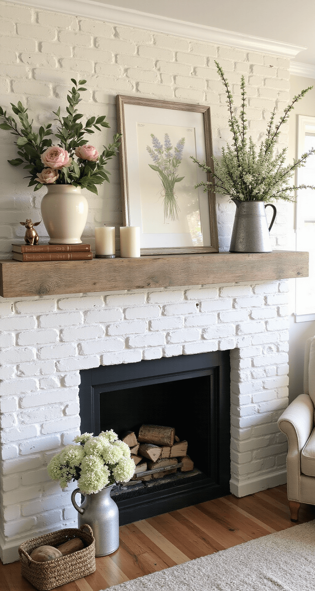 How I Transform My Fireplace Into a Spring Sanctuary (And Why You Should Too) Elegant living room fireplace mantel styled for early spring, featuring a white painted brick fireplace with a reclaimed wood mantel adorned with floral arrangements, vintage books, and candles, illuminated by soft natural light during golden hour.