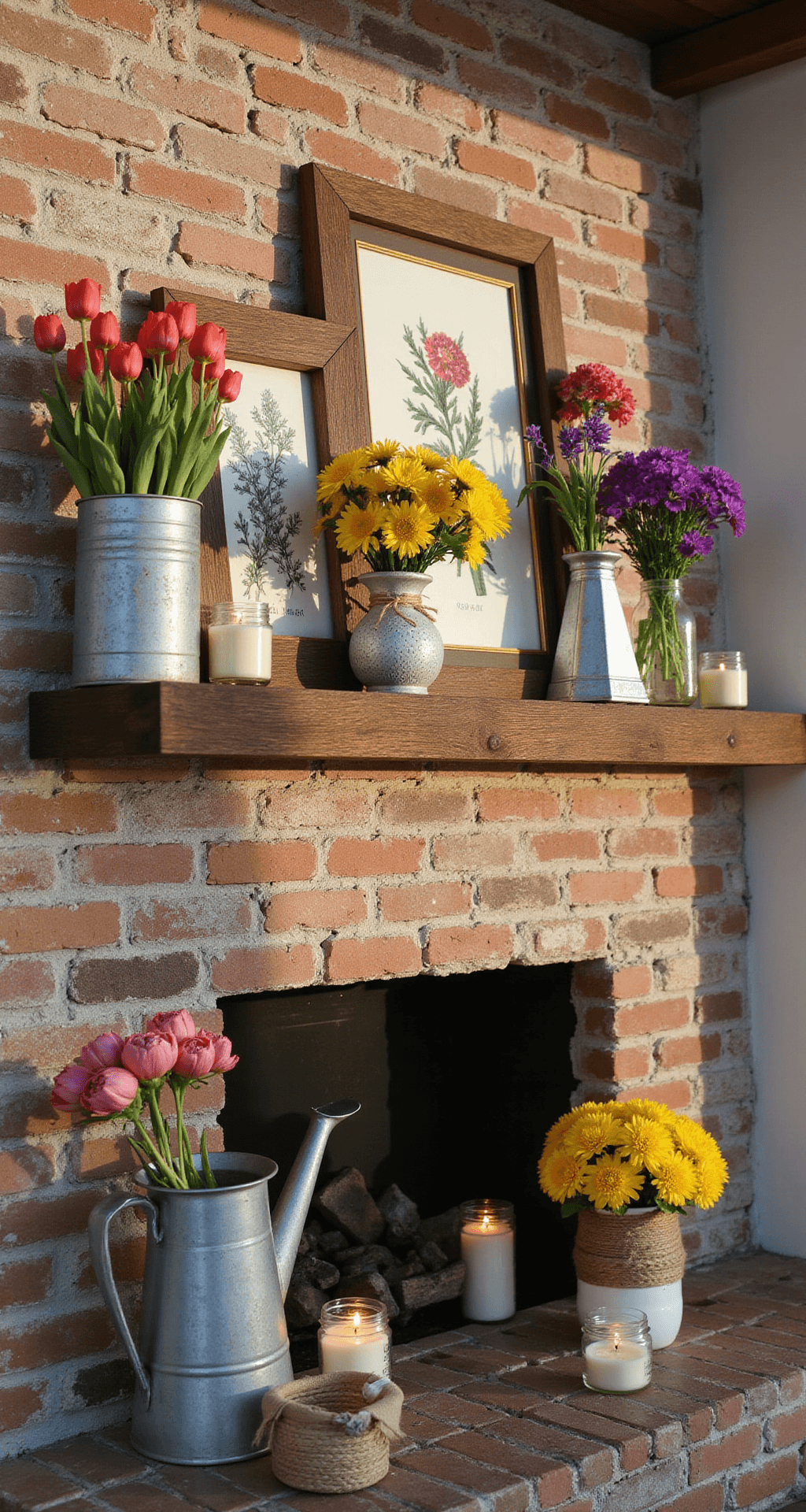 How I Transform My Fireplace Into a Spring Sanctuary (And Why You Should Too) Close-up view of a rustic farmhouse-style fireplace mantel adorned with galvanized metal containers and colorful spring flowers, featuring dramatic side lighting and a mix of textures against an exposed brick backdrop.