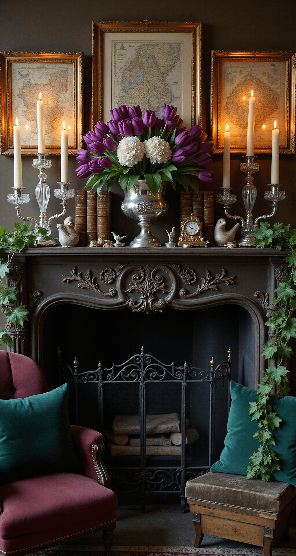 How I Transform My Fireplace Into a Spring Sanctuary (And Why You Should Too) Luxurious vintage fireplace scene in moody evening light, featuring an ornate dark wood mantel with gold-leafed frames, crystal candelabras, leather-bound books, a floral arrangement in a silver urn, vintage decor elements, and deep jewel-toned accents.