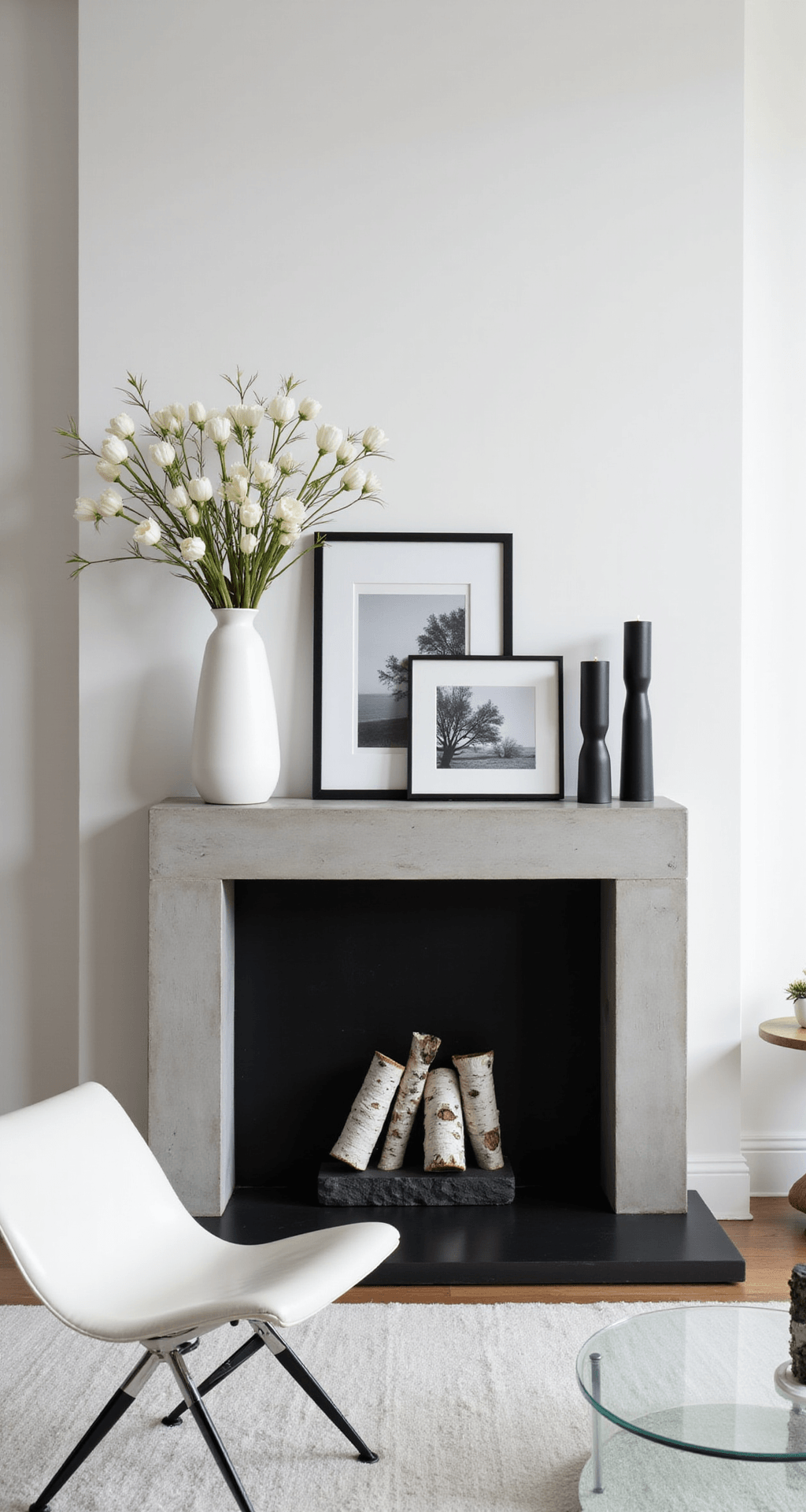 How I Transform My Fireplace Into a Spring Sanctuary (And Why You Should Too) Minimalist modern fireplace with black steel surround, white walls, and floating concrete mantel; features a large white ceramic vase with white tulips and branches, black picture frames with botanical photography, matte black pillar candles, and modern metal sculpture. Includes a white leather Eames chair and glass side table, captured in bright morning light for a gallery-like atmosphere.