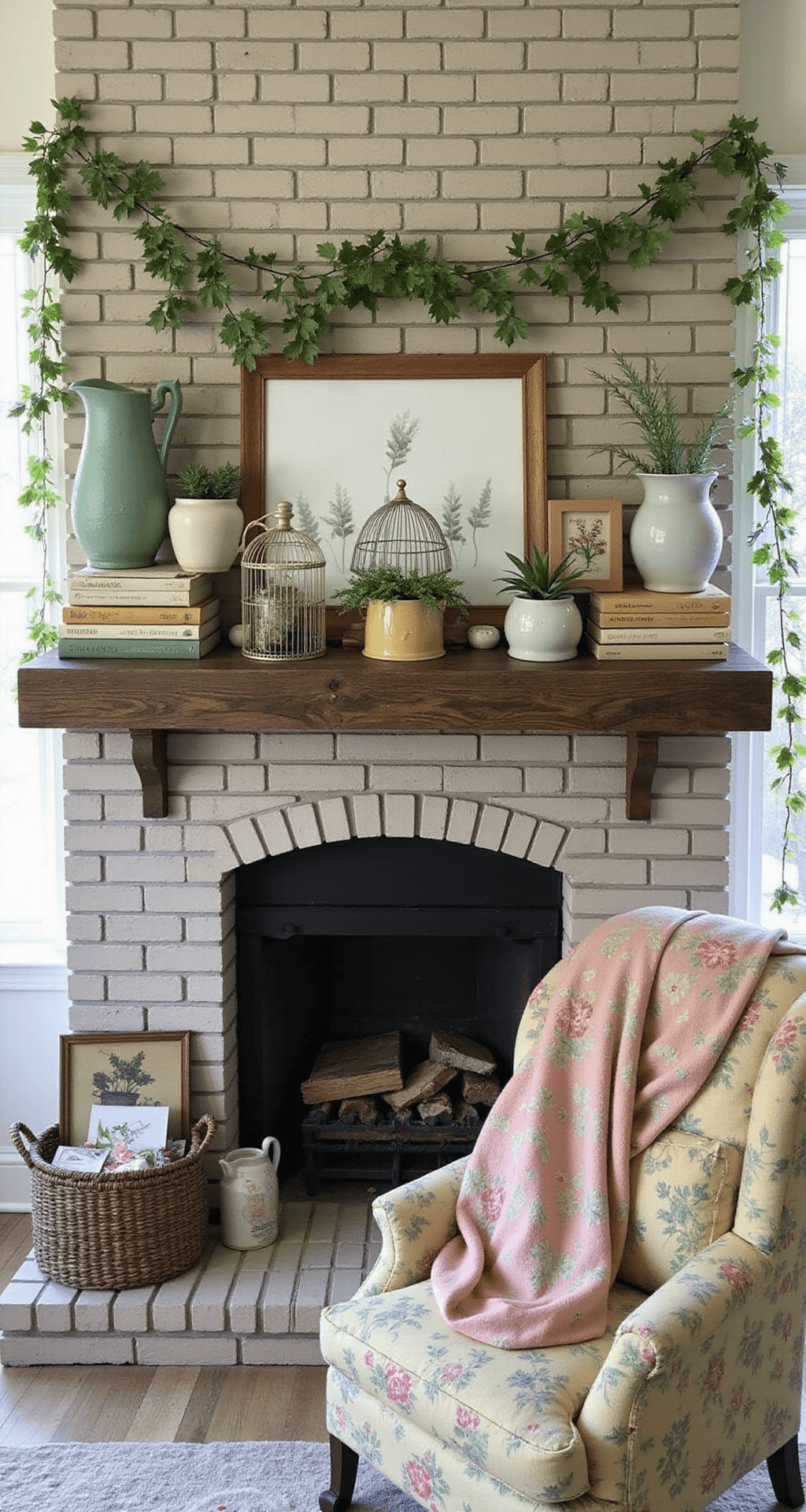 How I Transform My Fireplace Into a Spring Sanctuary (And Why You Should Too) Cozy cottage-style living room featuring a painted brick fireplace adorned with spring accents like ceramic pitchers and vintage bird cages, illuminated by soft natural light on a rainy afternoon.