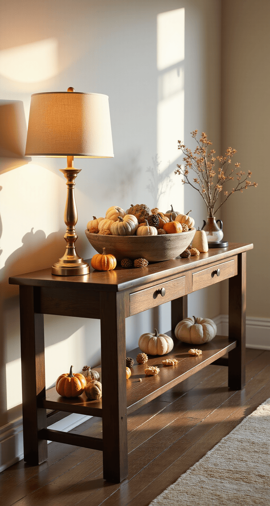 Fall Entry Table Decor That Actually Makes Guests Stop and Stare Photorealistic entry hall with a dark walnut console table against a cream wall, filled with an overflowing wooden dough bowl of mixed mini pumpkins, pinecones, and corn husks, illuminated by warm golden hour light and a brass lamp.