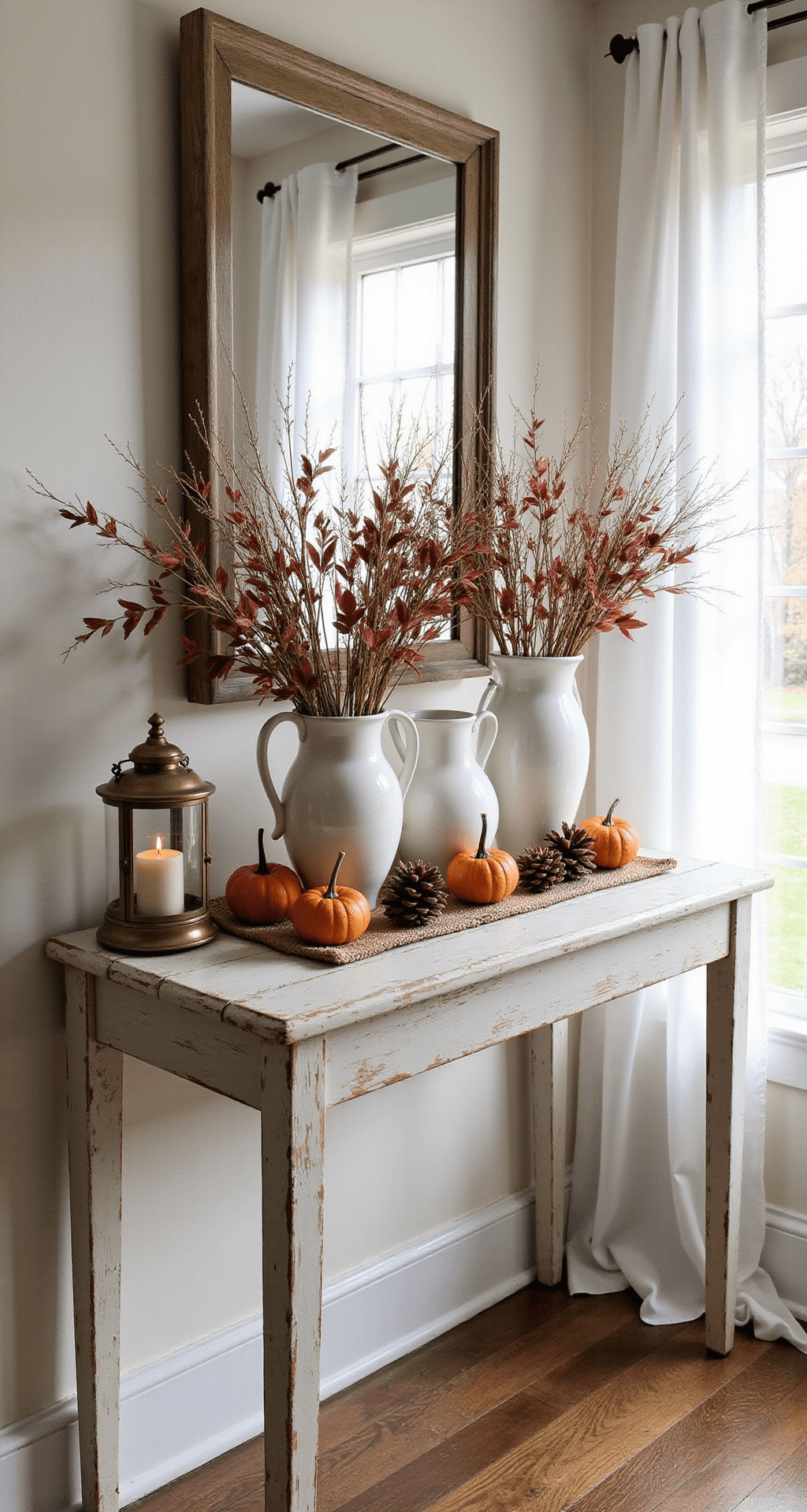 Fall Entry Table Decor That Actually Makes Guests Stop and Stare Photorealistic entryway of a traditional farmhouse featuring a distressed white console table, large mirror, autumn-themed ceramic vessels, pinecones, and pumpkins, illuminated by soft window light.