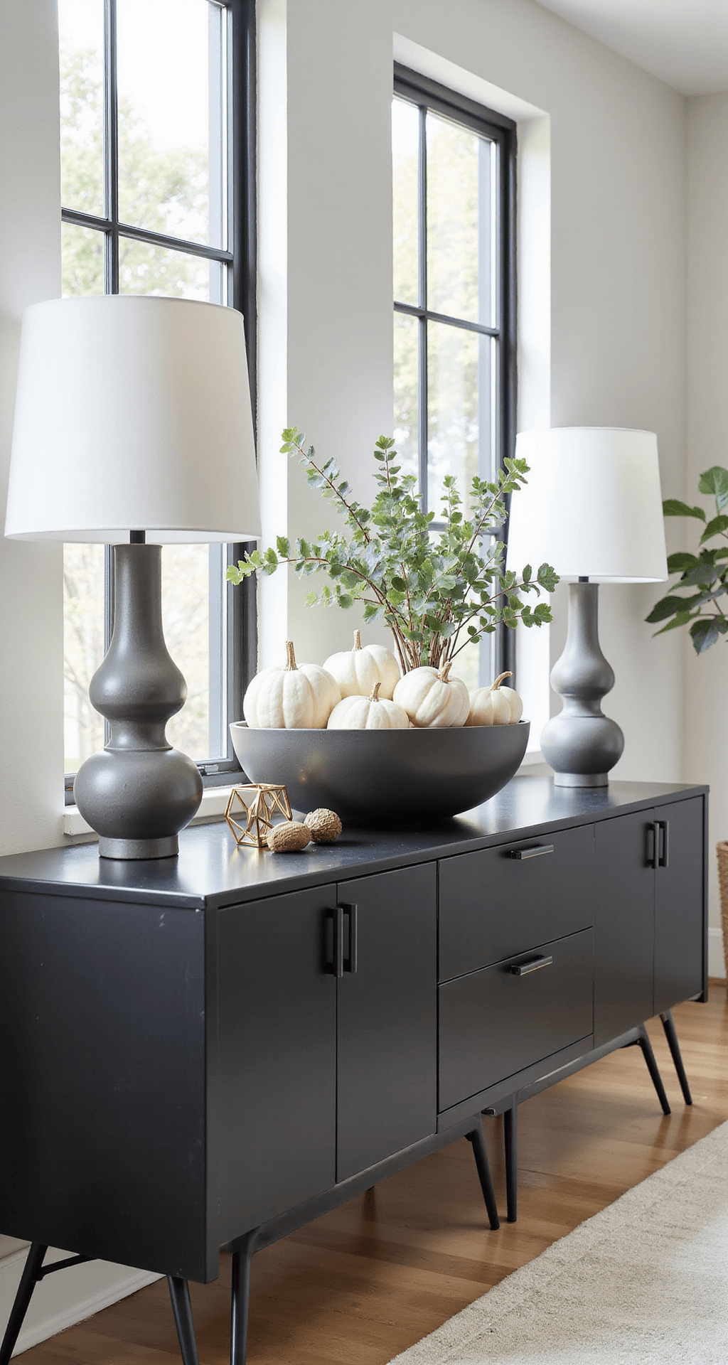 Fall Entry Table Decor That Actually Makes Guests Stop and Stare Photorealistic entryway featuring a sleek black lacquer console table with geometric hairpin legs, illuminated by morning light from tall windows, adorned with a matte charcoal bowl of white pumpkins and eucalyptus, flanked by modern lamps, and accented with acorns and a brass sculpture.