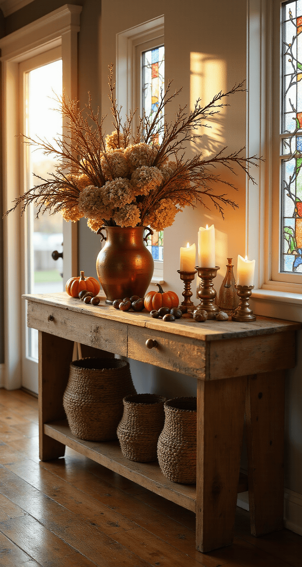 Fall Entry Table Decor That Actually Makes Guests Stop and Stare Photorealistic entry hall during golden hour, featuring a reclaimed barn wood console table adorned with a vintage copper vessel of dried hydrangeas, mini pumpkins, twisted willow branches, and chestnuts, with warm light from a stained glass window casting colorful patterns. A collection of brass candlesticks with cream candles and woven baskets underneath enhance the cozy, eclectic aesthetic.