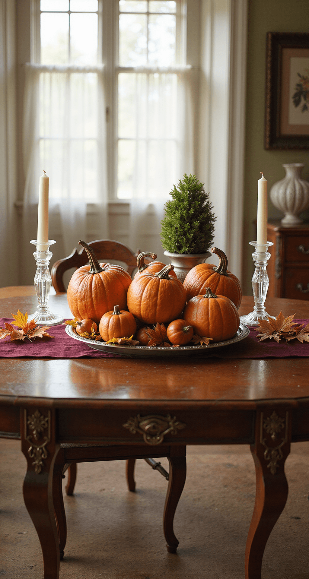 Fall Entry Table Decor That Actually Makes Guests Stop and Stare Photorealistic traditional dining room with a mahogany console table featuring pumpkins and maple leaves, illuminated by soft afternoon light.