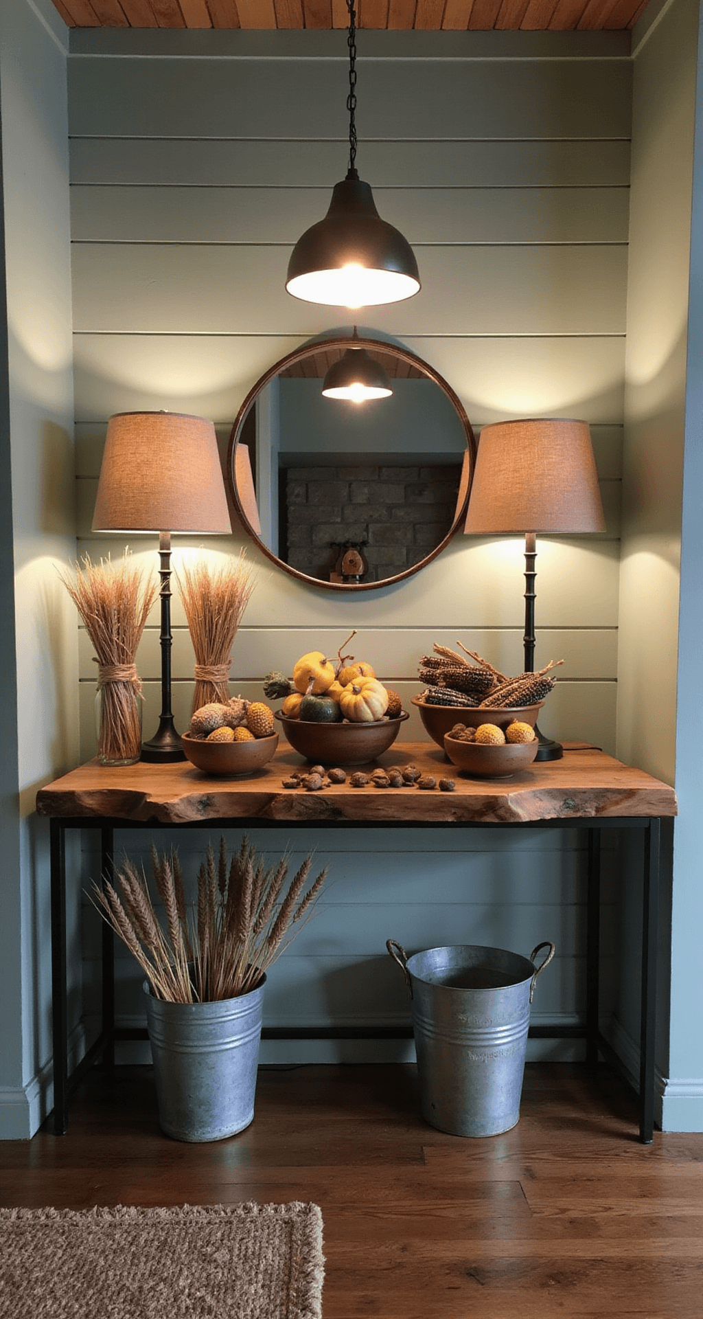 Fall Entry Table Decor That Actually Makes Guests Stop and Stare Photorealistic entryway of a modern farmhouse showcasing a live-edge acacia wood console table against sage green shiplap walls, illuminated by pendant and table lamps, adorned with wooden bowls of gourds, Indian corn, preserved oak branches, wheat bundles, walnuts, and a vintage metal bucket with cattail stems.