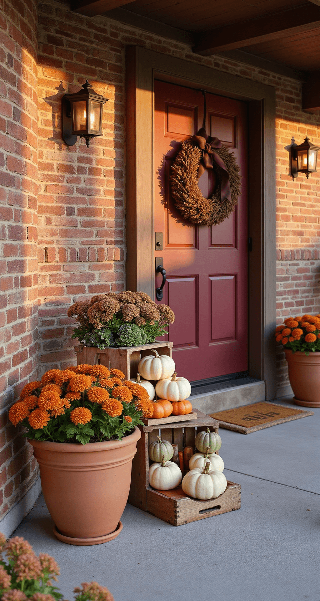 Fall Outdoor Decorating: Transform Your Porch and Yard Into an Autumn Wonderland Photorealistic autumn front porch of a warm-toned brick farmhouse, featuring a burgundy door, symmetrical planters with deep orange mums, vintage crates with assorted pumpkins, and a grapevine wreath accented with chocolate brown ribbon, all bathed in golden hour light.