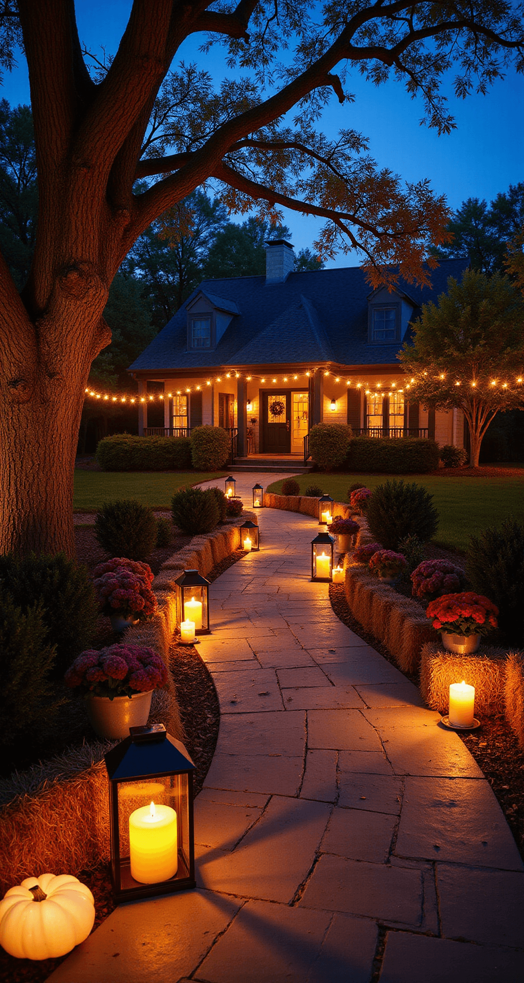 Fall Outdoor Decorating: Transform Your Porch and Yard Into an Autumn Wonderland Intimate autumn pathway illuminated by warm amber solar lanterns and LED string lights, framed by mature oak trees with vibrant foliage, featuring hurricane lanterns on hay bales and glowing ceramic pumpkins, creating a magical twilight atmosphere.