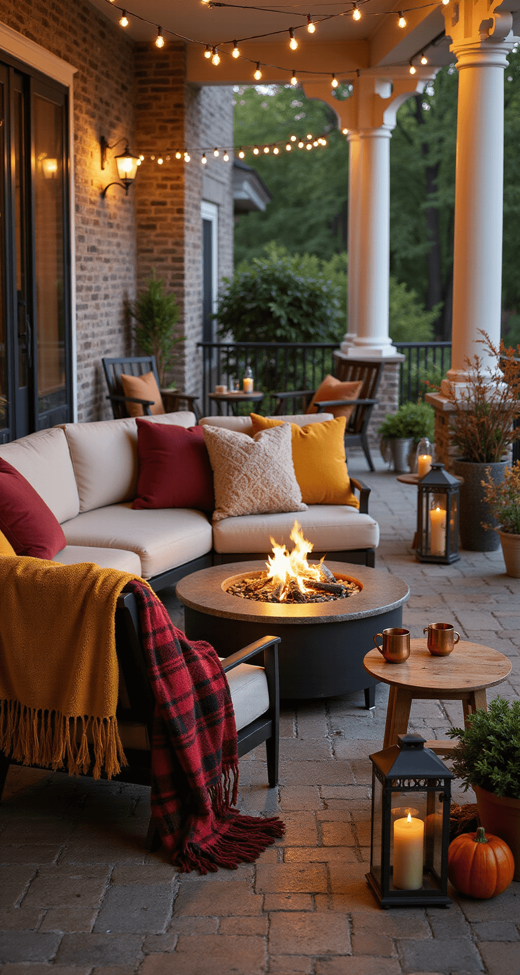 Fall Outdoor Decorating: Transform Your Porch and Yard Into an Autumn Wonderland Luxurious outdoor autumn retreat featuring a wraparound porch with weather-resistant sectional seating, modern fire pit, plaid wool throws, oversized textured pillows, rustic side tables with copper mugs and lanterns, string lights overhead, and colorful potted plants, captured at conversation level to highlight cozy details.