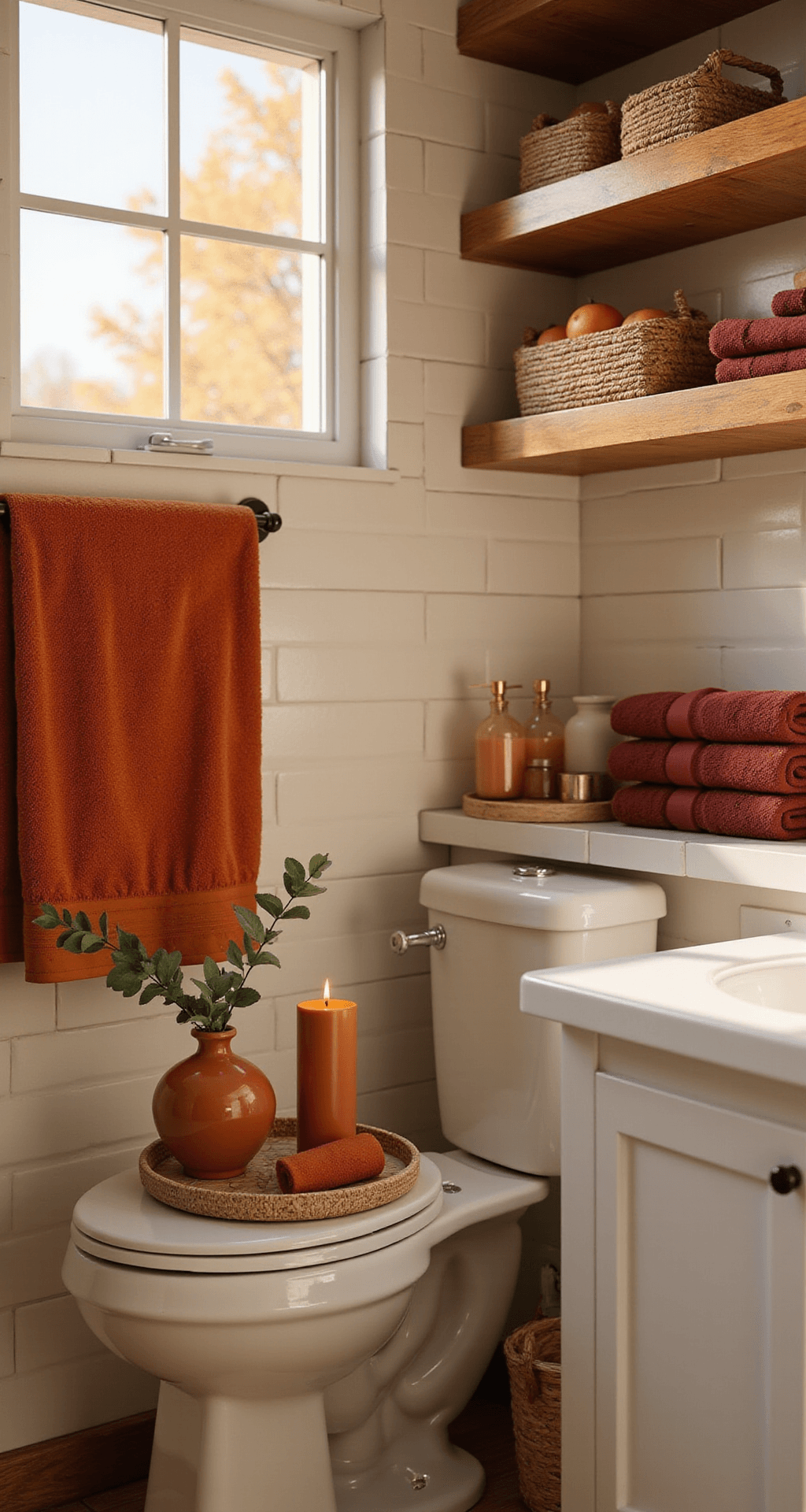 Transform Your Bathroom Into a Cozy Fall Retreat Without Breaking the Bank Photorealistic cozy powder room decorated for fall, featuring burnt orange velvet hand towels, cream subway tile walls, and warm golden hour lighting. A rattan tray holds eucalyptus, a cinnamon-scented candle, and burgundy guest towels, while oak floating shelves display woven baskets. The intimate 4x6 foot space emphasizes warm tones and soft textures.