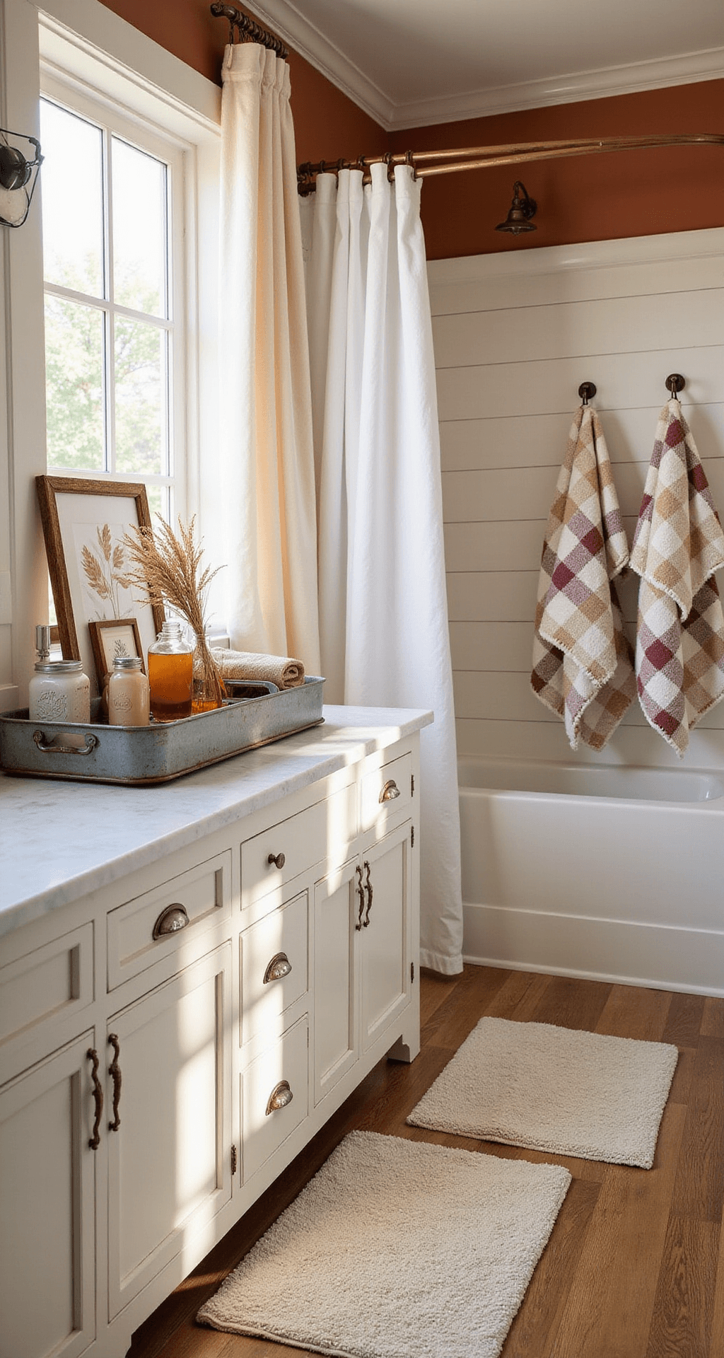 Transform Your Bathroom Into a Cozy Fall Retreat Without Breaking the Bank Photorealistic interior of a modern farmhouse bathroom, featuring soft morning light, white marble countertop with vintage decor, shiplap walls in warm ivory, deep terracotta accent wall, and cozy textures on honey oak floors.
