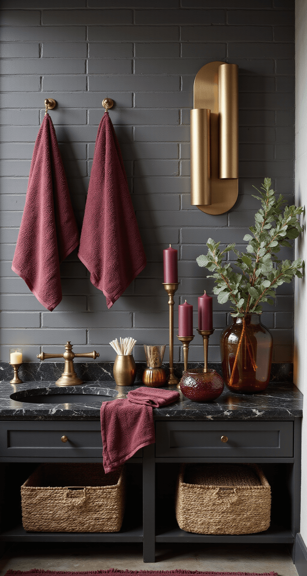 Transform Your Bathroom Into a Cozy Fall Retreat Without Breaking the Bank Photorealistic upscale spa-style bathroom adorned for fall with jewel-toned accents, featuring deep wine-colored towels on gold towel warmers, a black marble vanity with brass candlesticks and burgundy candles, and fresh eucalyptus, all illuminated by soft afternoon light.