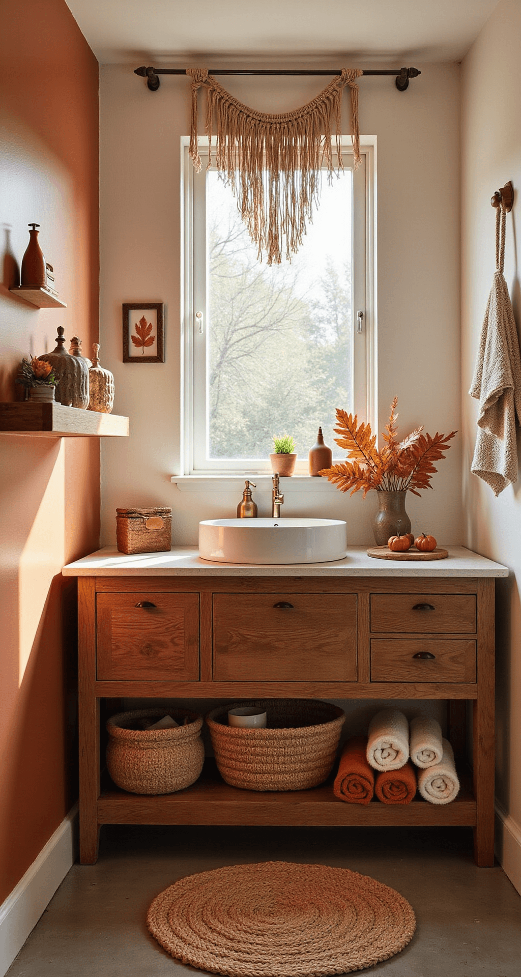 Transform Your Bathroom Into a Cozy Fall Retreat Without Breaking the Bank Photorealistic interior of a compact bohemian fall-themed bathroom featuring warm terracotta and cream colors, dappled sunlight through a macramé window hanging, and a wooden shelf with earthy ceramic vessels and vintage brass frames, complemented by a rustic vanity and natural fiber bath mats.