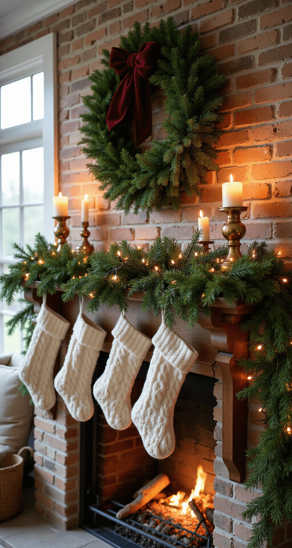 Mantel Christmas Decorations That'll Make Your Fireplace the Star of the Season A cozy traditional living room at golden hour featuring a stone fireplace with a rich mahogany mantel adorned with Christmas decorations, including cream cable-knit stockings, brass candlesticks, and lush pine garland with fairy lights and velvet ribbon. An oversized evergreen wreath with a burgundy bow hangs above, set against exposed brick, creating a warm and inviting holiday atmosphere.