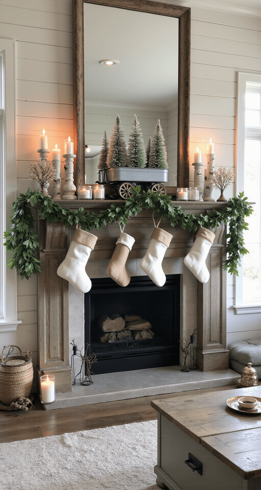 Mantel Christmas Decorations That'll Make Your Fireplace the Star of the Season A cozy modern farmhouse great room at dusk features a weathered wood mantel decorated with organic Christmas elements, including eucalyptus and magnolia garlands, galvanized stocking holders with burlap stockings, and a vintage Radio Flyer wagon filled with bottle brush trees. The scene is accented by birch log candleholders, white-painted pinecones, and soft cotton stems, all illuminated by warm candlelight and reflecting in a large antique mirror above the mantel. Shiplap walls and a harmonious color palette of sage green and cream enhance the rustic charm.
