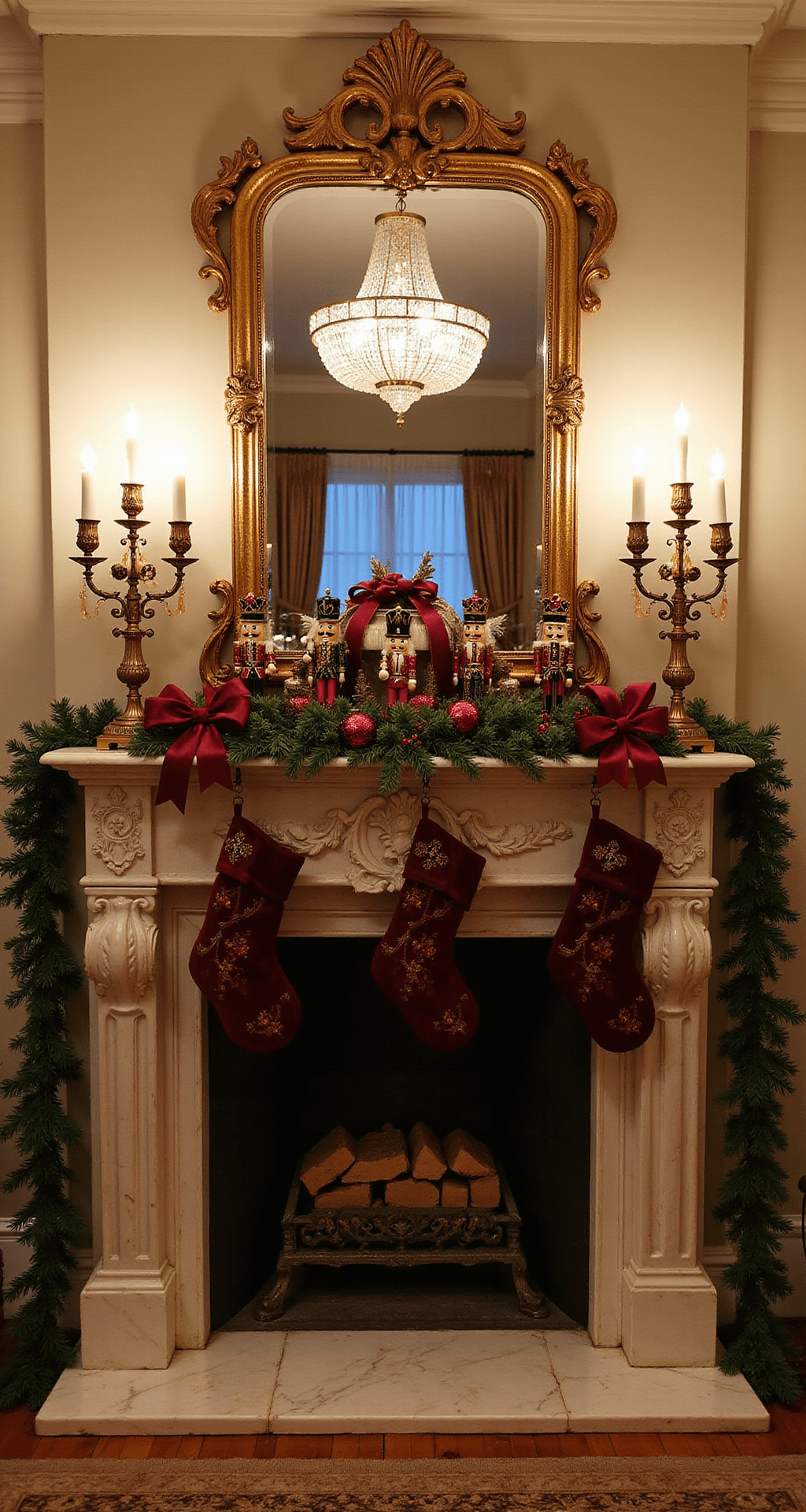 Mantel Christmas Decorations That'll Make Your Fireplace the Star of the Season Elegant traditional parlor mantel decorated for Christmas at twilight, featuring a marble fireplace with ornate details, symmetrical decorations including brass candelabras, matching garland, burgundy velvet stockings, a collection of antique nutcrackers, and rich burgundy and gold ornaments, all under the glow of a chandelier and candlelight.