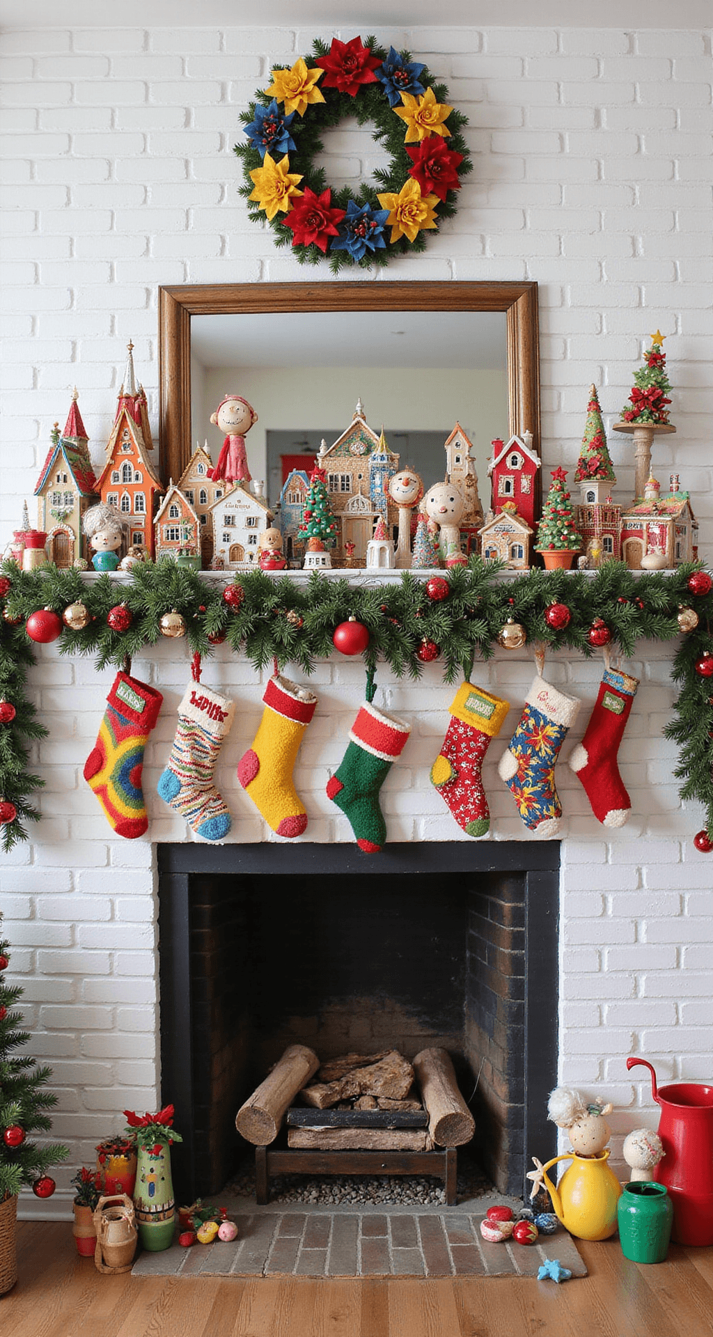 Mantel Christmas Decorations That'll Make Your Fireplace the Star of the Season A whimsical family room mantel decorated for Christmas, featuring a colorful assortment of garlands, mismatched stockings, vintage toys, and quirky ornaments, all under bright natural and colorful LED lighting.