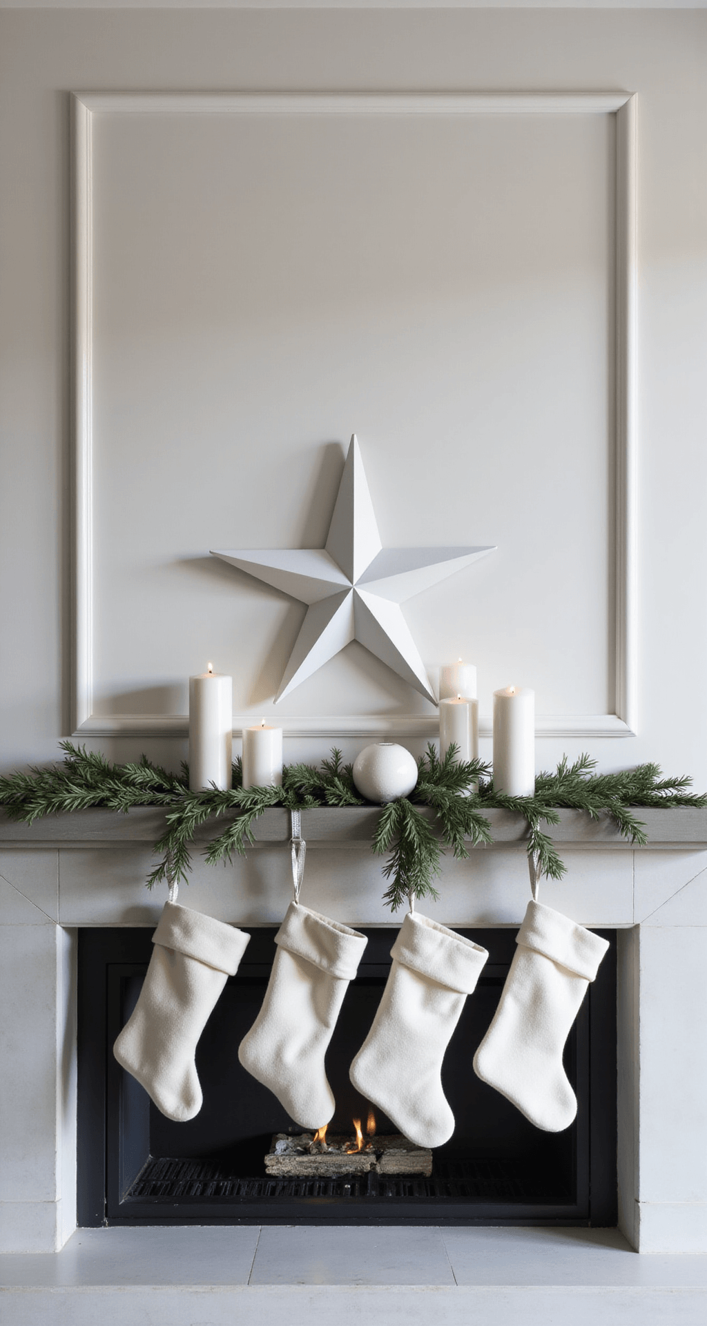 Mantel Christmas Decorations That'll Make Your Fireplace the Star of the Season A minimalist contemporary living space at dusk with a sleek linear fireplace and a floating concrete mantel, decorated with eucalyptus garland, white ceramic geometric ornaments, and modern pillar candles, complemented by silver wire ribbon and white felt stockings. An oversized white paper star hangs above, all in a monochromatic palette of white, soft gray, sage green, and brushed silver, creating a serene holiday atmosphere.