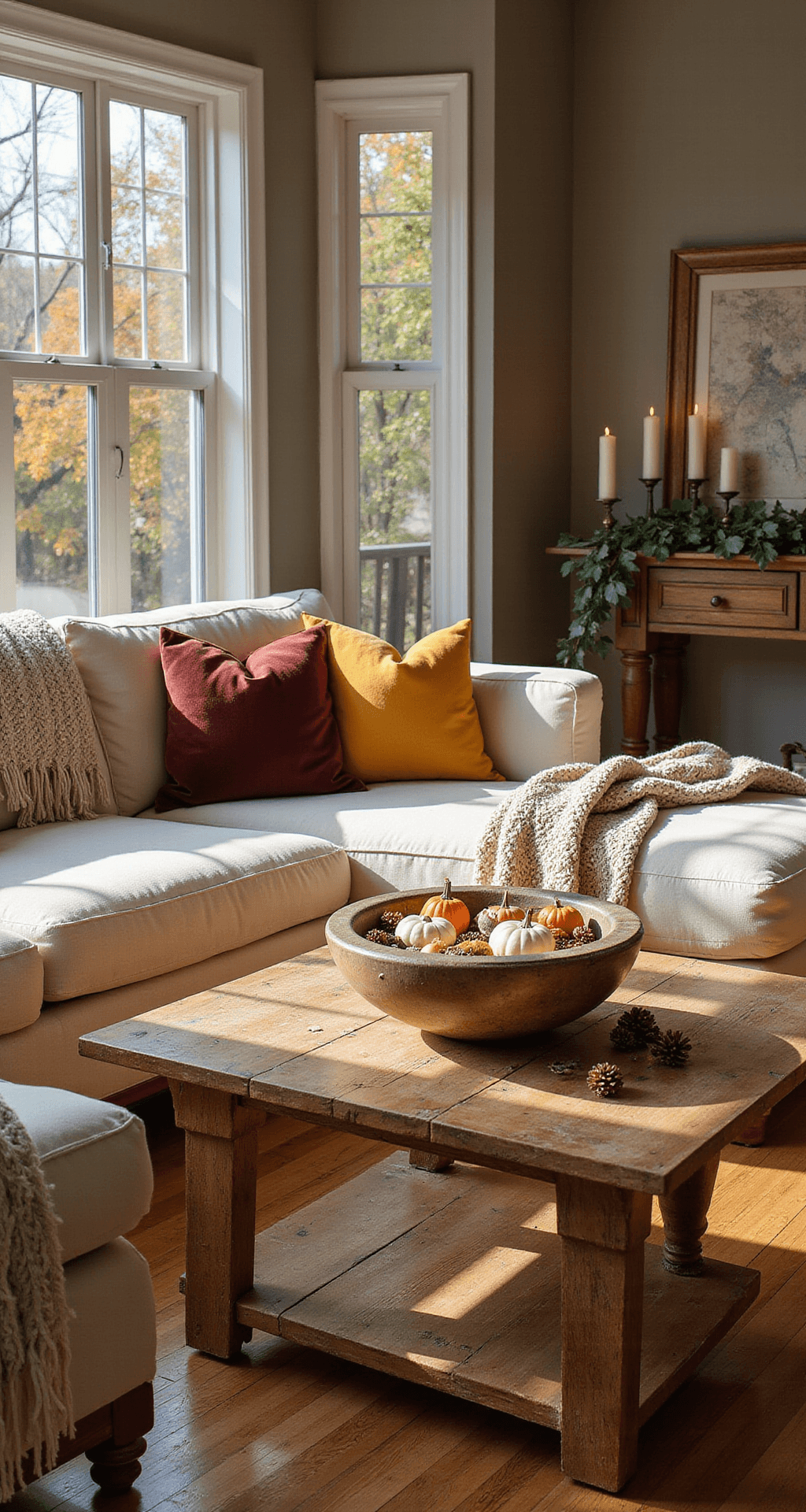 How I Transformed My Home Into a Fall Haven (And You Can Too) Photorealistic wide-angle shot of a cozy living room bathed in golden hour light, featuring a cream sectional sofa with burgundy and mustard throw pillows, a rustic wooden coffee table adorned with pumpkins and candles, and a faux mantel styled with eucalyptus garland and grouped gourds, all set against warm taupe walls and rich textures.
