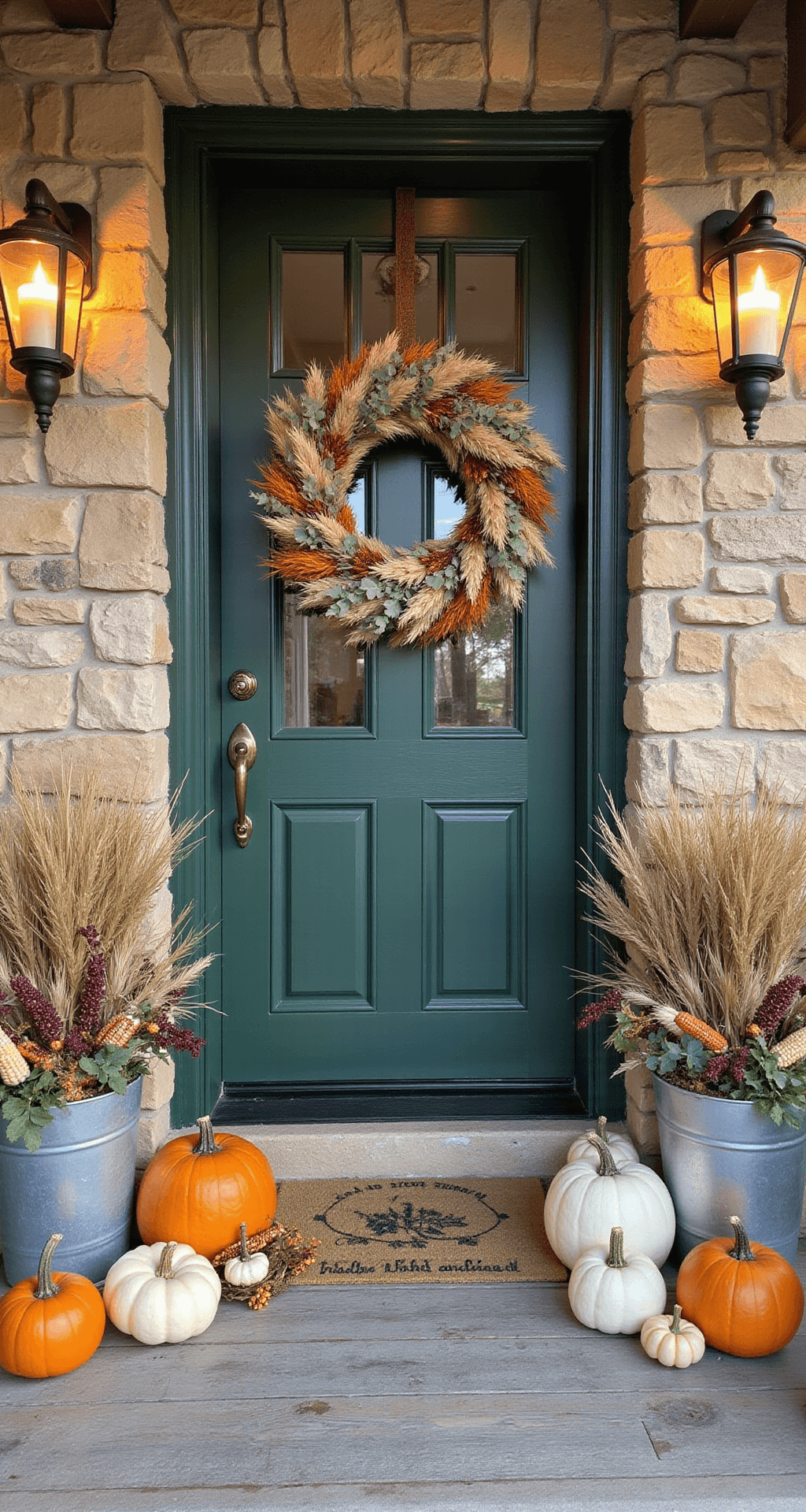 How I Transformed My Home Into a Fall Haven (And You Can Too) A welcoming Dutch door in deep forest green, adorned with a large fall wreath, is flanked by vibrant pumpkins on a rustic porch with wooden planks, decorated with gourds and corn, surrounded by tall corn stalks in metal buckets, all bathed in warm afternoon light.