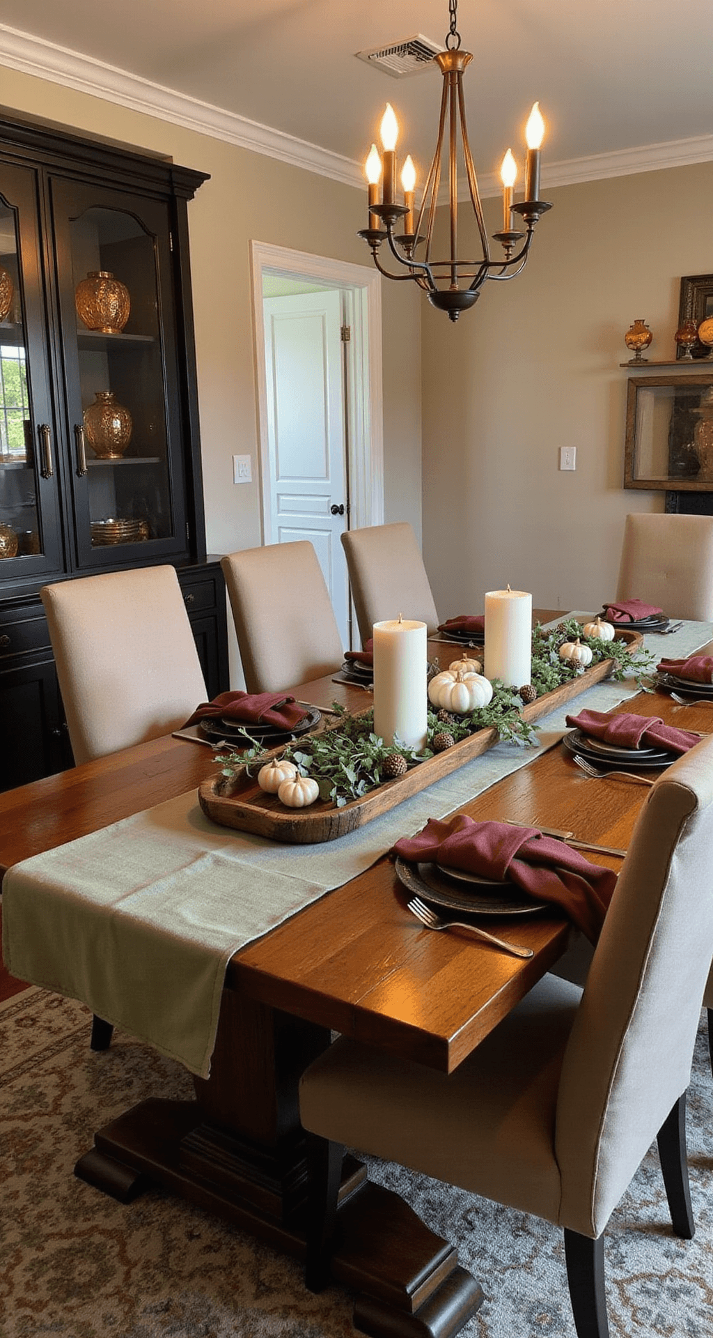 How I Transformed My Home Into a Fall Haven (And You Can Too) Elegant dining room featuring a rich mahogany table with live-edge grain, adorned with a sage green runner and a centerpiece of pillar candles, white pumpkins, eucalyptus, and acorns, complemented by upholstered chairs and warm ambient lighting.