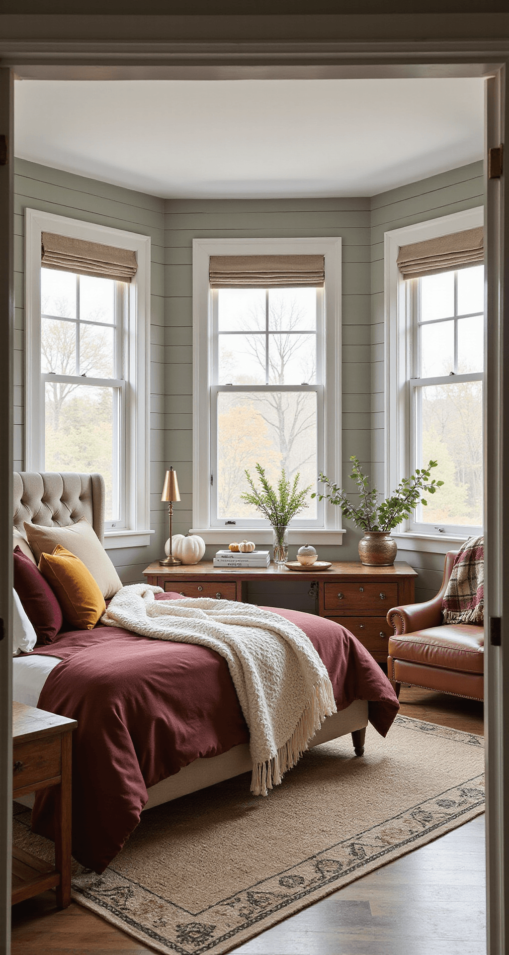 How I Transformed My Home Into a Fall Haven (And You Can Too) Cozy master bedroom featuring a king-size bed with a tufted linen headboard on a soft sage shiplap accent wall, adorned with a luxurious burgundy duvet, cream throw blanket, and contrasting throw pillows. Rustic nightstands with brass lamps, a white pumpkin, and eucalyptus sprig complement the jute rug. A vintage leather armchair adds warmth, all captured in serene morning light.