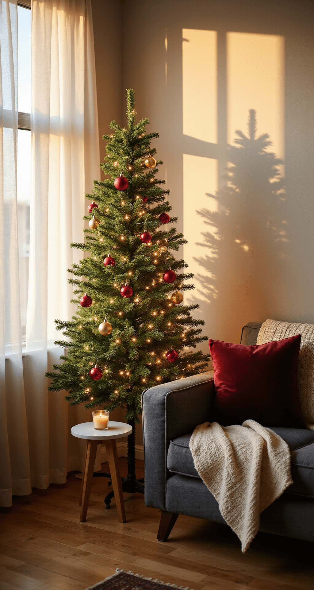 Christmas Apartment Decor: Transform Your Small Space Into a Holiday Haven Photorealistic interior of a cozy studio apartment living room during golden hour, featuring a slim Christmas tree with red and gold ornaments in the corner, a charcoal gray sectional sofa with burgundy pillows and a cream blanket, and warm sunlight filtering through sheer curtains, casting soft shadows on light oak floors.