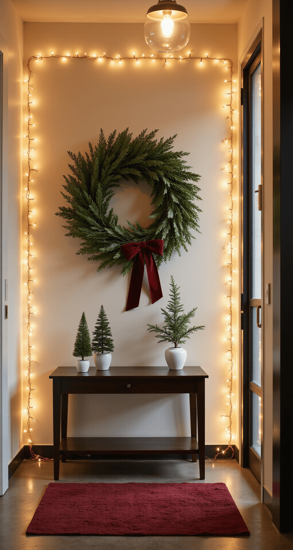 Christmas Apartment Decor: Transform Your Small Space Into a Holiday Haven Photorealistic narrow apartment entryway decorated for Christmas; features a large eucalyptus wreath with burgundy ribbon, illuminated door frame, and a console table with ceramic trees, creating a warm and inviting atmosphere.