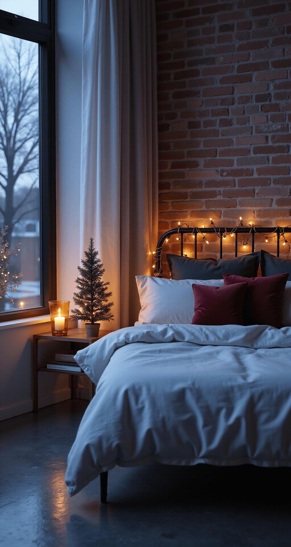 Christmas Apartment Decor: Transform Your Small Space Into a Holiday Haven A serene photorealistic bedroom at twilight featuring a queen bed with white linen, exposed brick walls, and minimal Christmas decor, including copper string lights and a small illuminated tabletop tree beside a candle on a floating nightstand.