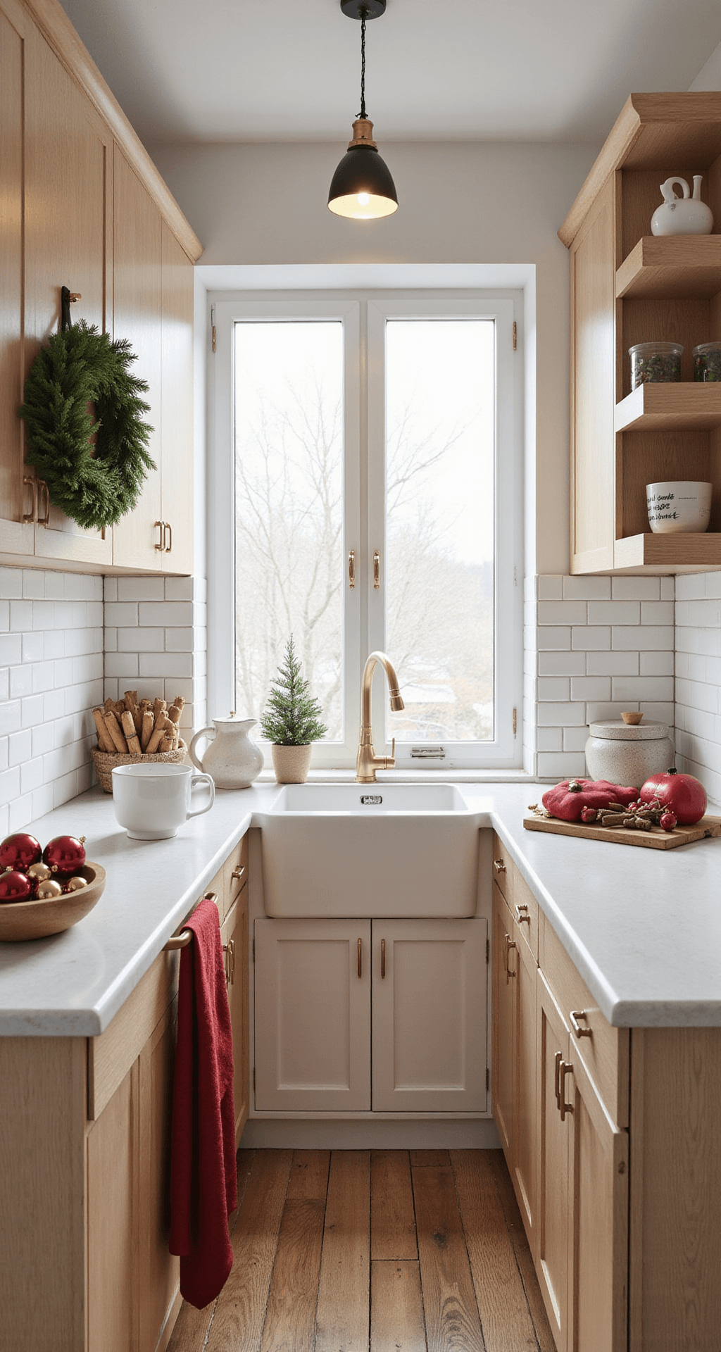 Christmas Apartment Decor: Transform Your Small Space Into a Holiday Haven A photorealistic galley kitchen decorated for Christmas with a white subway tile backsplash, light wood cabinets, a small wreath on a cabinet, a wooden bowl of red and gold ornaments, festive red dish towels, and a bundle of cinnamon sticks near a window, all illuminated by natural light and warm pendant lights.