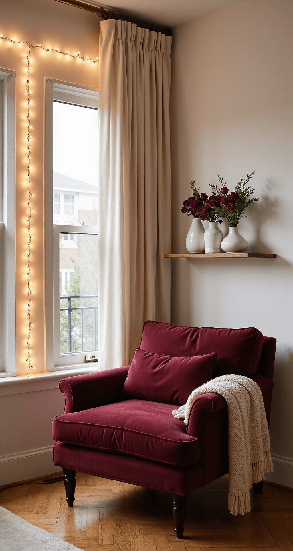 Christmas Apartment Decor: Transform Your Small Space Into a Holiday Haven Photorealistic corner of a living room featuring a burgundy velvet armchair and cream curtains. Warm string lights outline the window, while a cream throw and burgundy pillow adorn the chair. White ceramic vases with burgundy flowers are on a floating shelf. The hardwood floor in honey oak reflects soft evening light, creating an elegant and harmonious atmosphere.