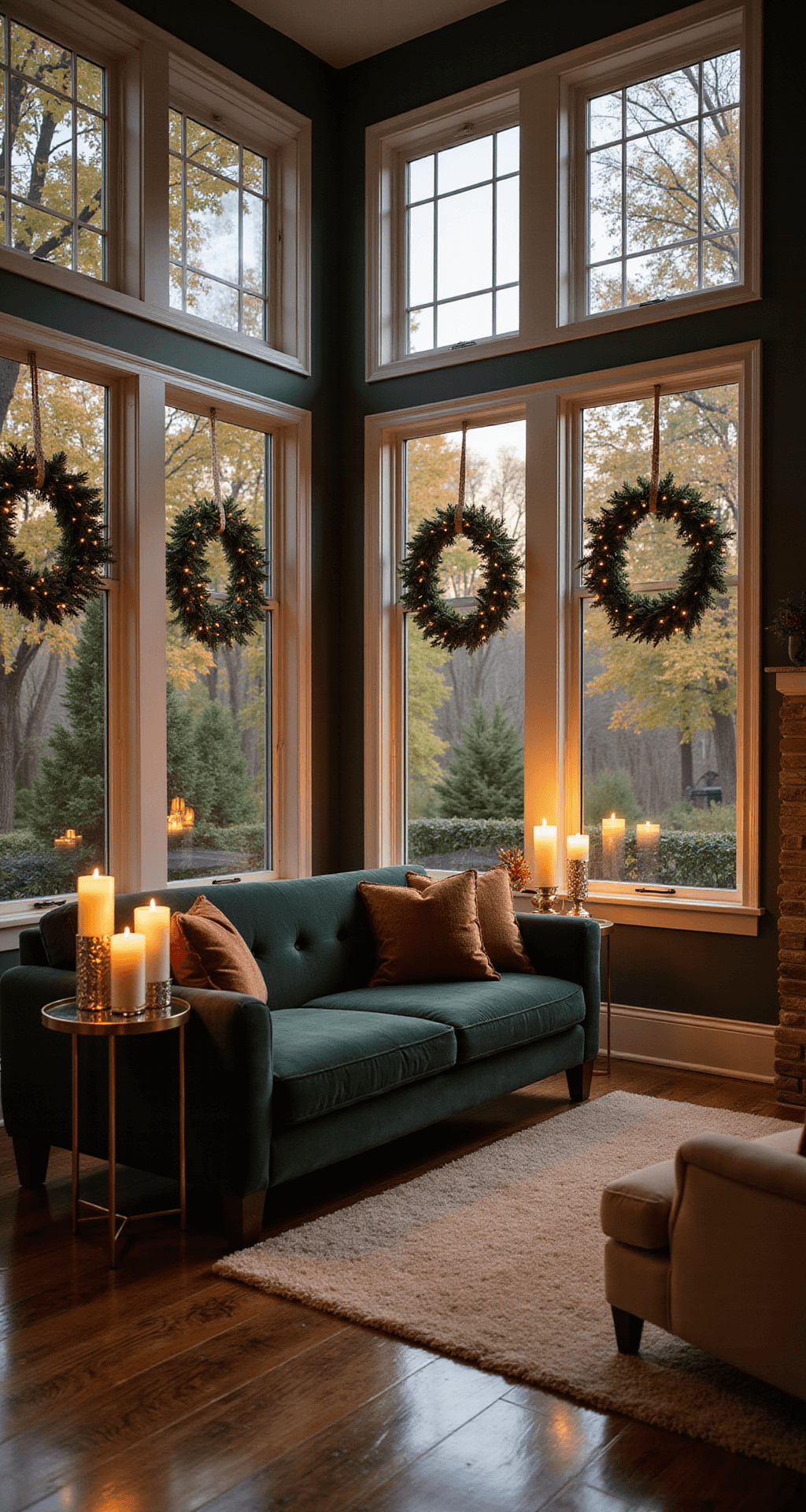 Christmas Outdoor Decor That'll Make Your Neighbors Actually Jealous Elegant living room decorated for Christmas, featuring large picture windows showcasing illuminated wreaths and string lights, with deep charcoal walls, hardwood floors, and a velvet sectional; warm lighting and a rich jewel-toned color palette enhance the cozy holiday atmosphere.
