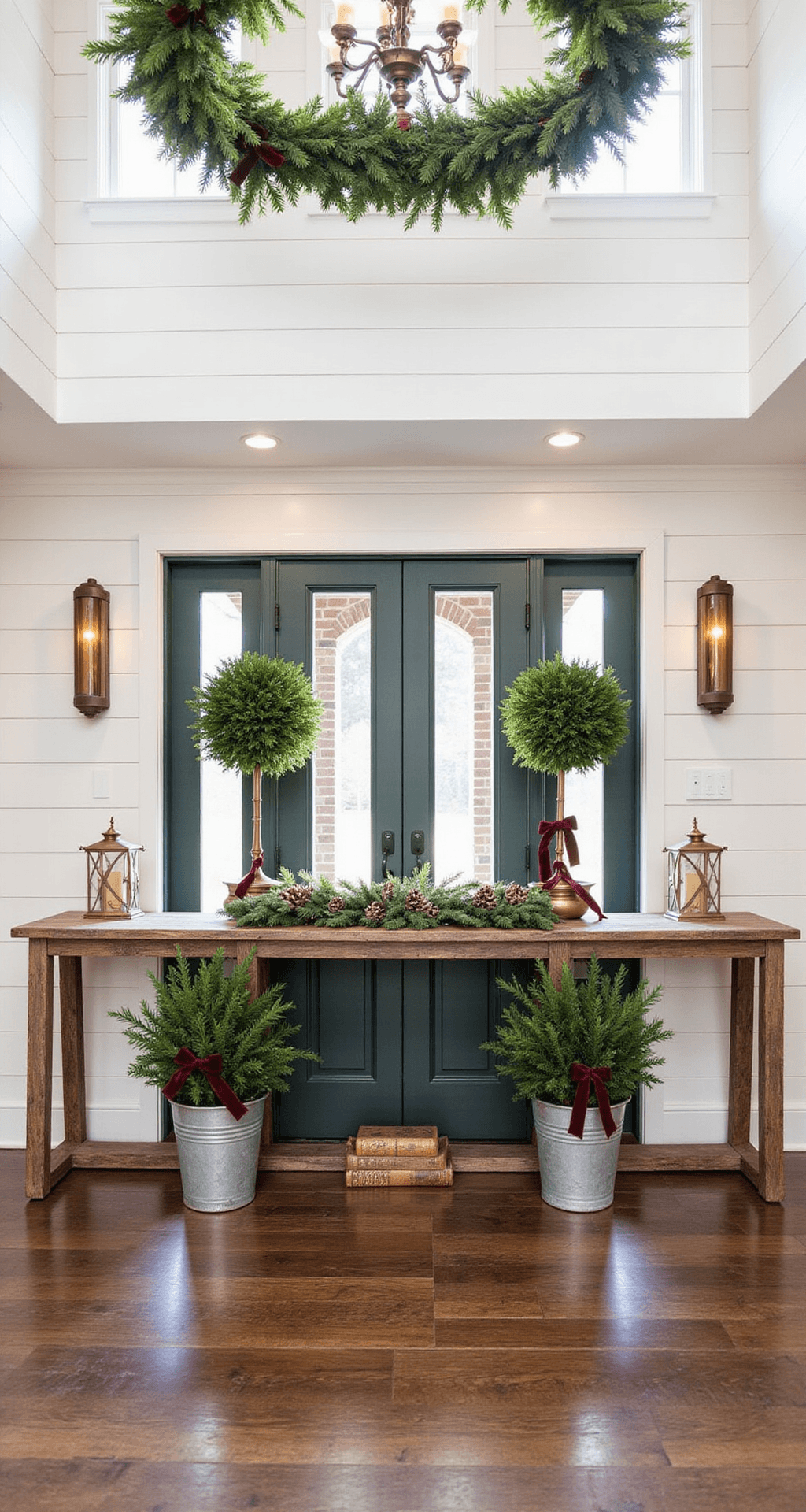 Christmas Outdoor Decor That'll Make Your Neighbors Actually Jealous A grand foyer decorated for Christmas, featuring white shiplap walls, walnut flooring, and a dark green front door. Abundant artificial garland with burgundy ribbon adorns a rustic console table, flanked by galvanized planters and vintage brass lanterns. A statement chandelier with greenery swags hangs above, while soft morning light filters through sidelights, creating a cozy yet sophisticated holiday atmosphere.