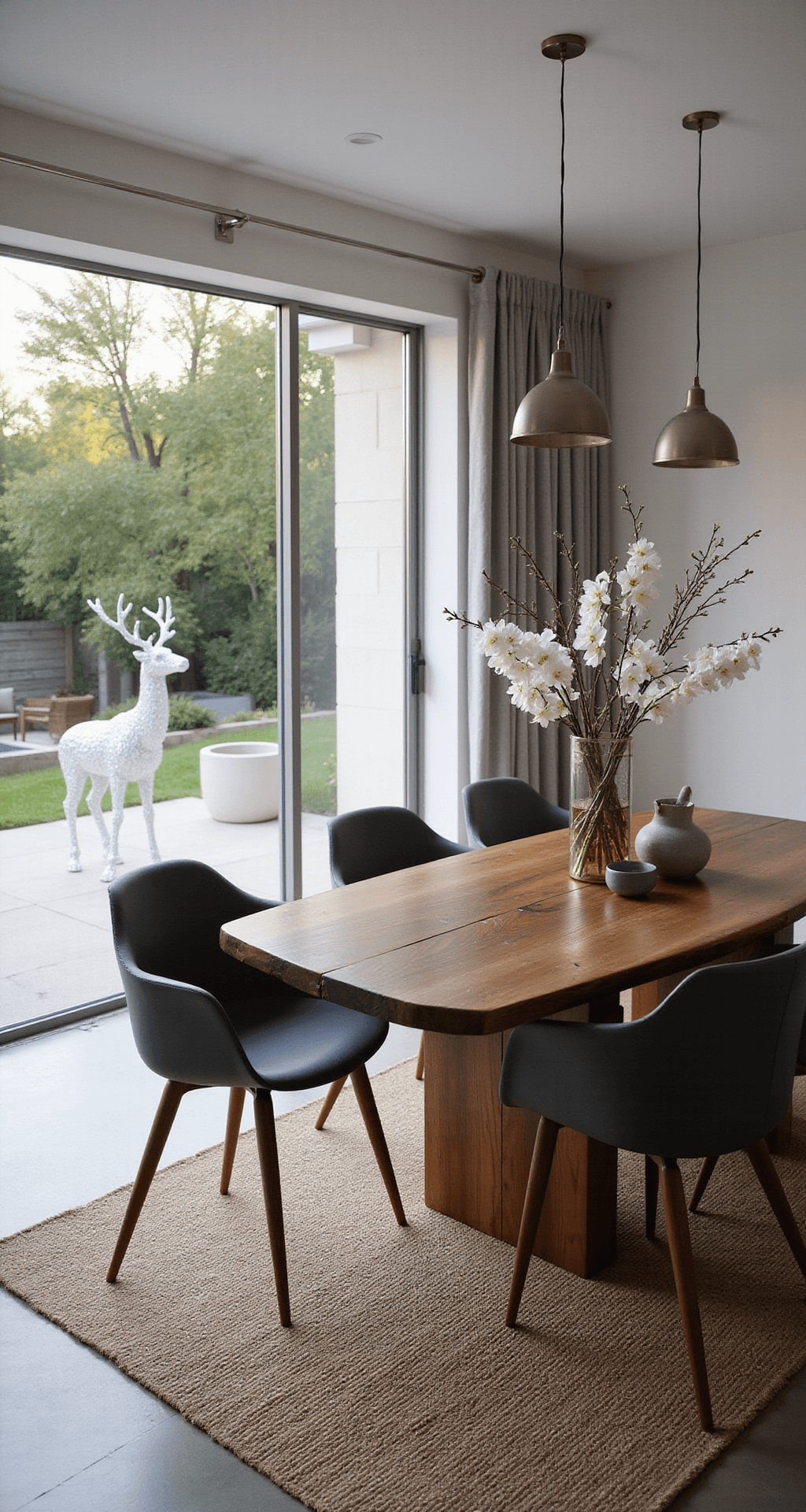 Christmas Outdoor Decor That'll Make Your Neighbors Actually Jealous Contemporary dining room with minimalist decor, featuring a live-edge walnut table with white orchids, surrounded by charcoal leather chairs, and illuminated by late afternoon light. Outside, Christmas lawn ornament displays and reindeer figures are visible through sliding glass doors, complemented by polished concrete floors and a geometric jute rug.
