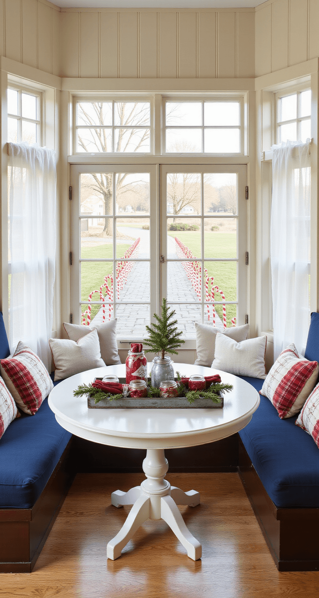 Christmas Outdoor Decor That'll Make Your Neighbors Actually Jealous Cozy breakfast nook with cream beadboard walls and vintage pine flooring, featuring a built-in banquette with navy blue cushions, white throw pillows, and a painted pedestal table. Soft morning light illuminates the space, highlighting whimsical candy cane pathway markers outside through French doors. Seasonal decor includes a vintage tray with mason jar luminarias, evergreen sprigs, and red plaid napkins, framed by sheer white curtains with red ribbon tiebacks.