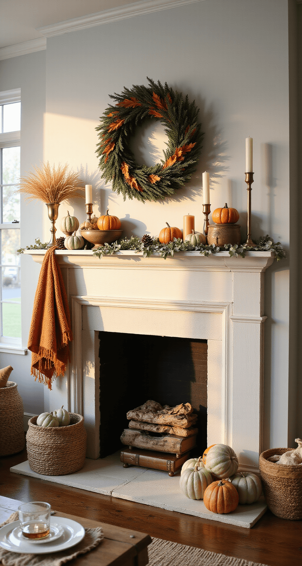 Fall Fireplace Mantel Decor: Transform Your Living Space This Autumn Photorealistic wide-angle view of an elegant living room fireplace mantel adorned with an autumn wreath, brass candlesticks, and natural elements like pinecones and pumpkins, illuminated by warm golden hour light.