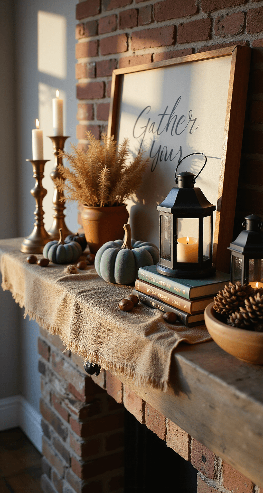 Fall Fireplace Mantel Decor: Transform Your Living Space This Autumn Photorealistic close-up of a rustic farmhouse mantel with a warm autumn arrangement, featuring brass candlesticks, terracotta pot with pampas grass, a vintage 'Gather' sign, velvet pumpkins, lanterns, vintage books, and a dough bowl filled with pinecones, all illuminated by warm afternoon light.